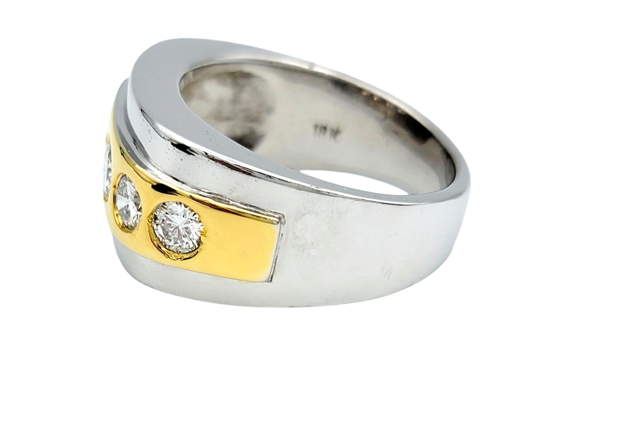 Mens Two-Tone Polished 18 Karat Gold Band Ring with Four Graduated Diamonds For Sale 1