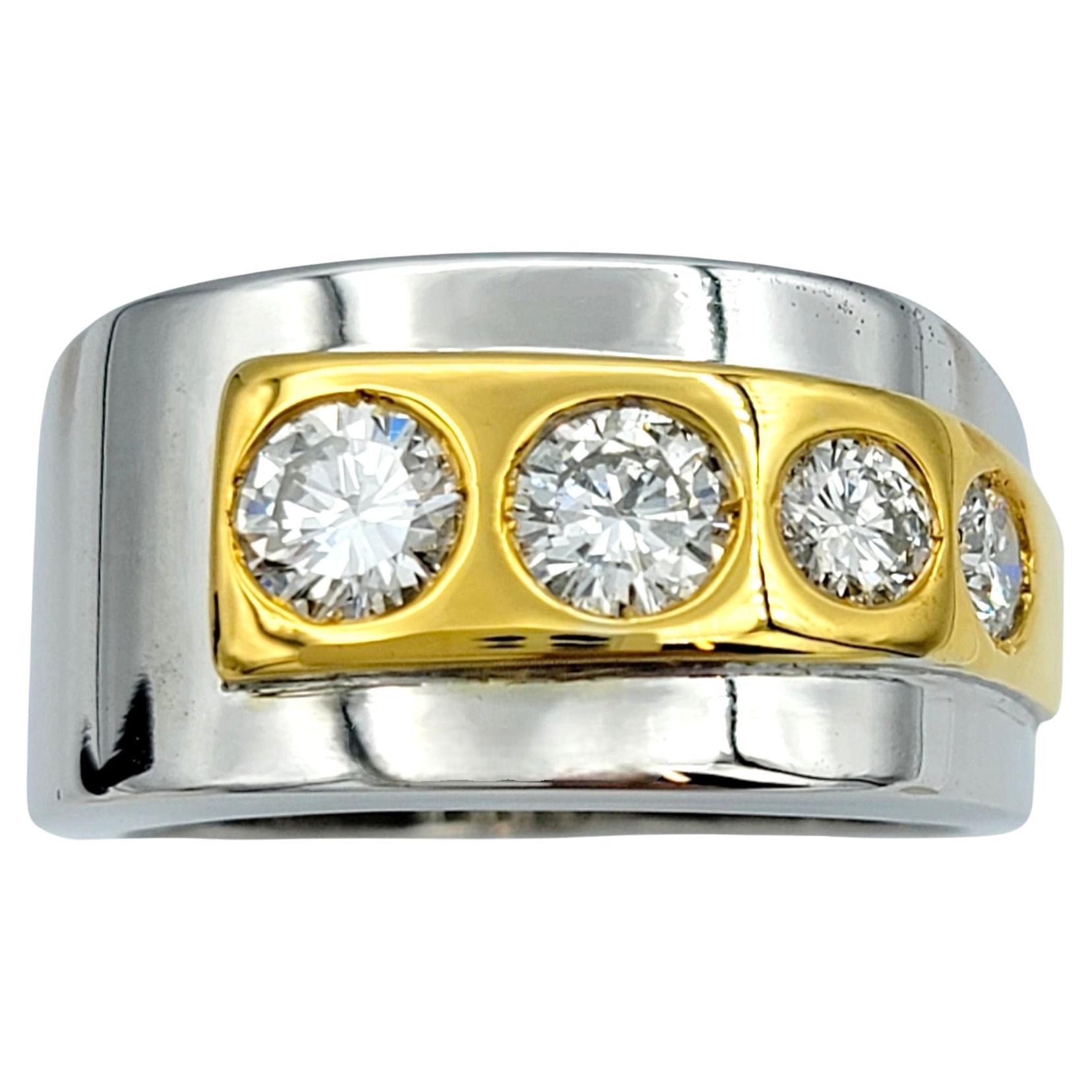 Mens Two-Tone Polished 18 Karat Gold Band Ring with Four Graduated Diamonds For Sale