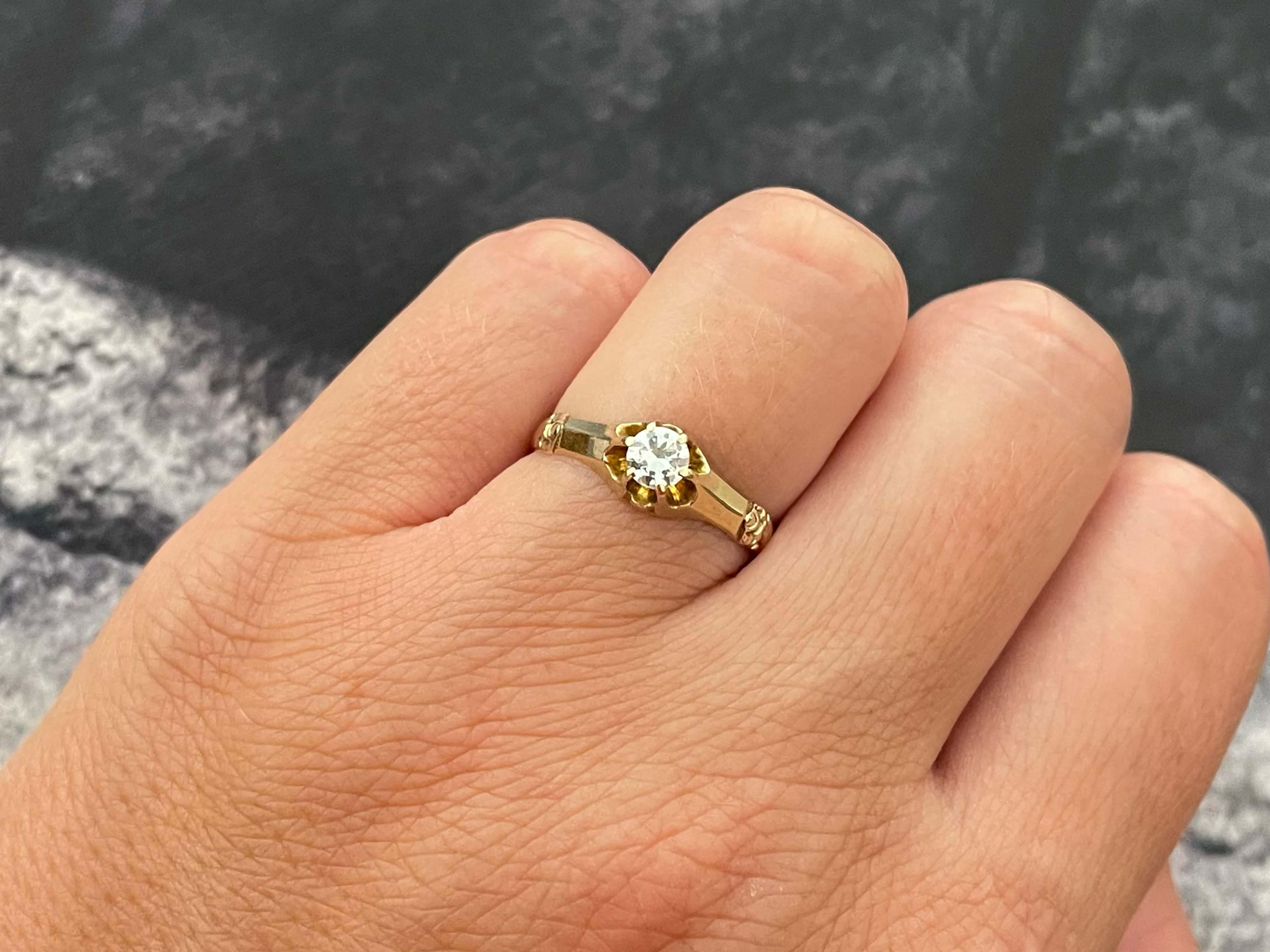 Item Specifications:

Metal: 14k Yellow Gold

Style: Statement Ring

Ring Size: 7.75 (resizing available for a fee)

Total Weight: 1.9 Grams

Gemstone Specifications: 1 Diamond

Diamond Carat Weight: 0.26 carats

Diamond Color: G

Diamond Clarity: