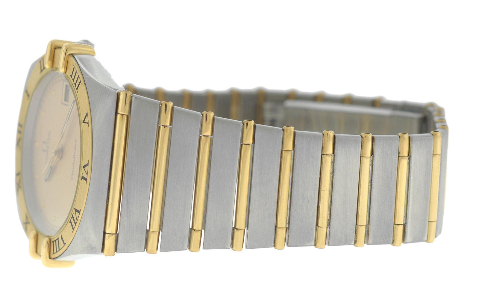Modern Men's Unisex Omega Constellation Full Bar Gold Quartz Date Watch