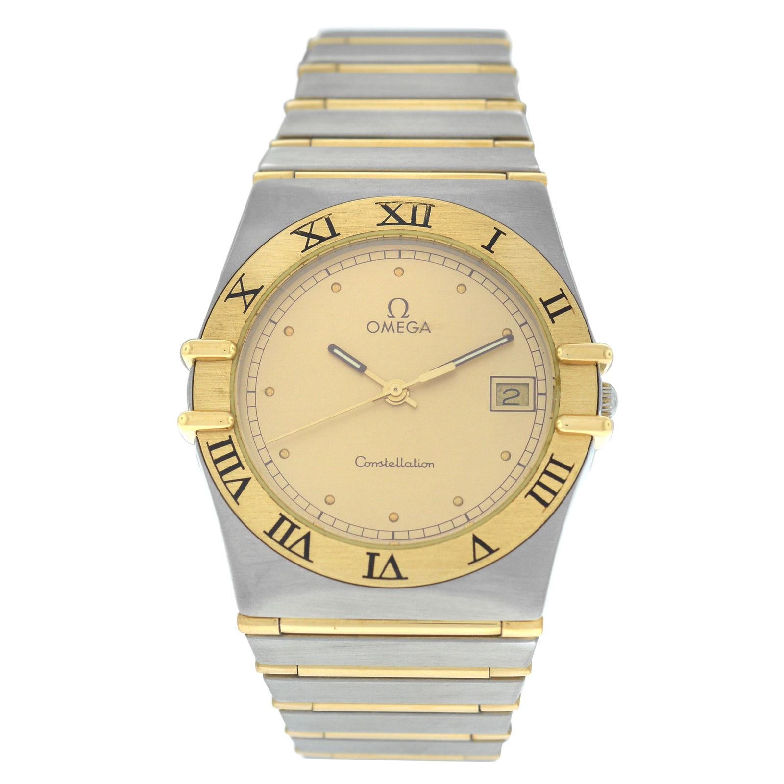 Men
s Unisex Omega Constellation Full Bar Gold Quartz Date Watch