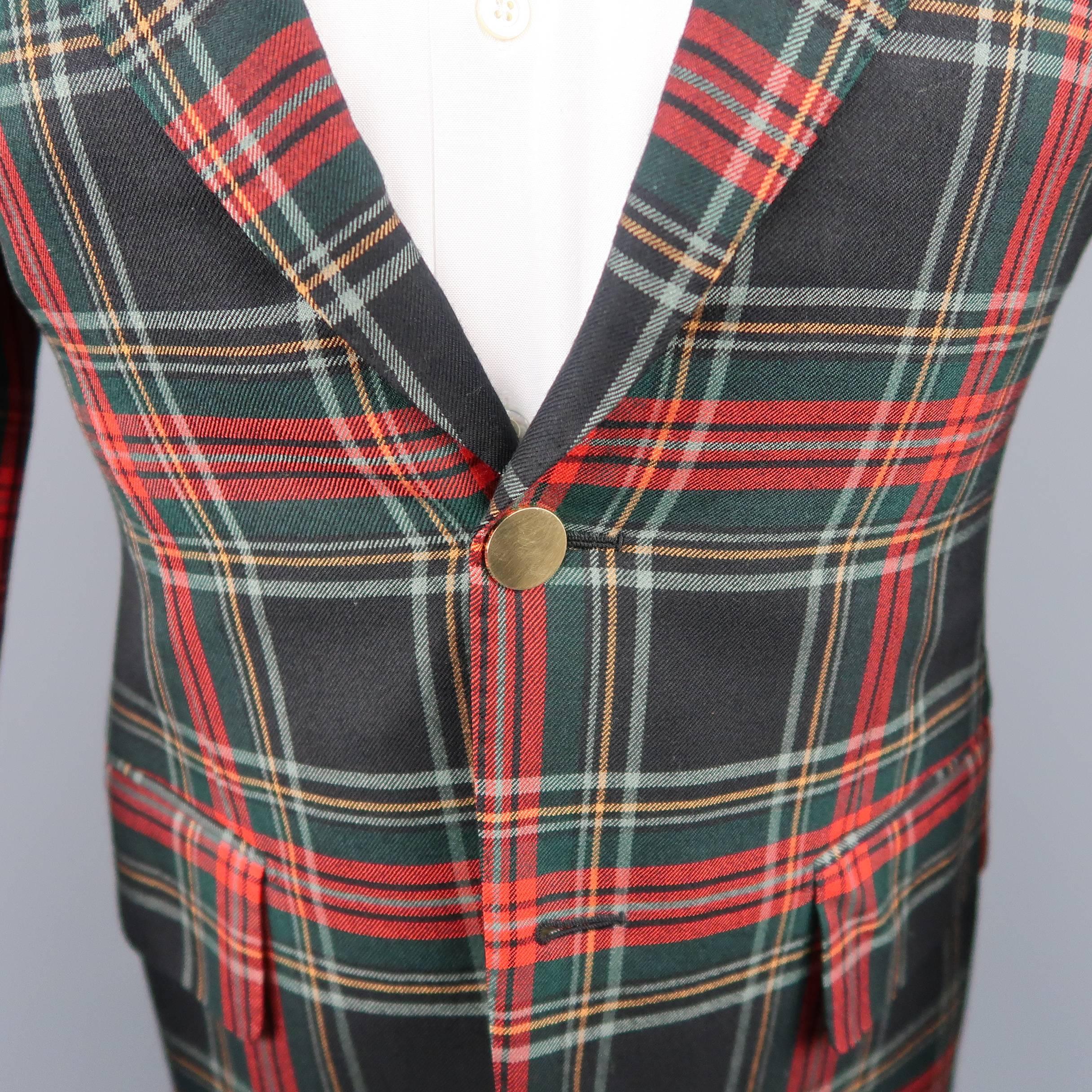 Men's UNITED ARROWS US 36 Short Black & Red Plaid Wool Gold Button Sport Coat In Excellent Condition In San Francisco, CA