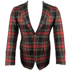 Men
s UNITED ARROWS US 36 Short Black 
Red Plaid Wool Gold Button Sport Coat