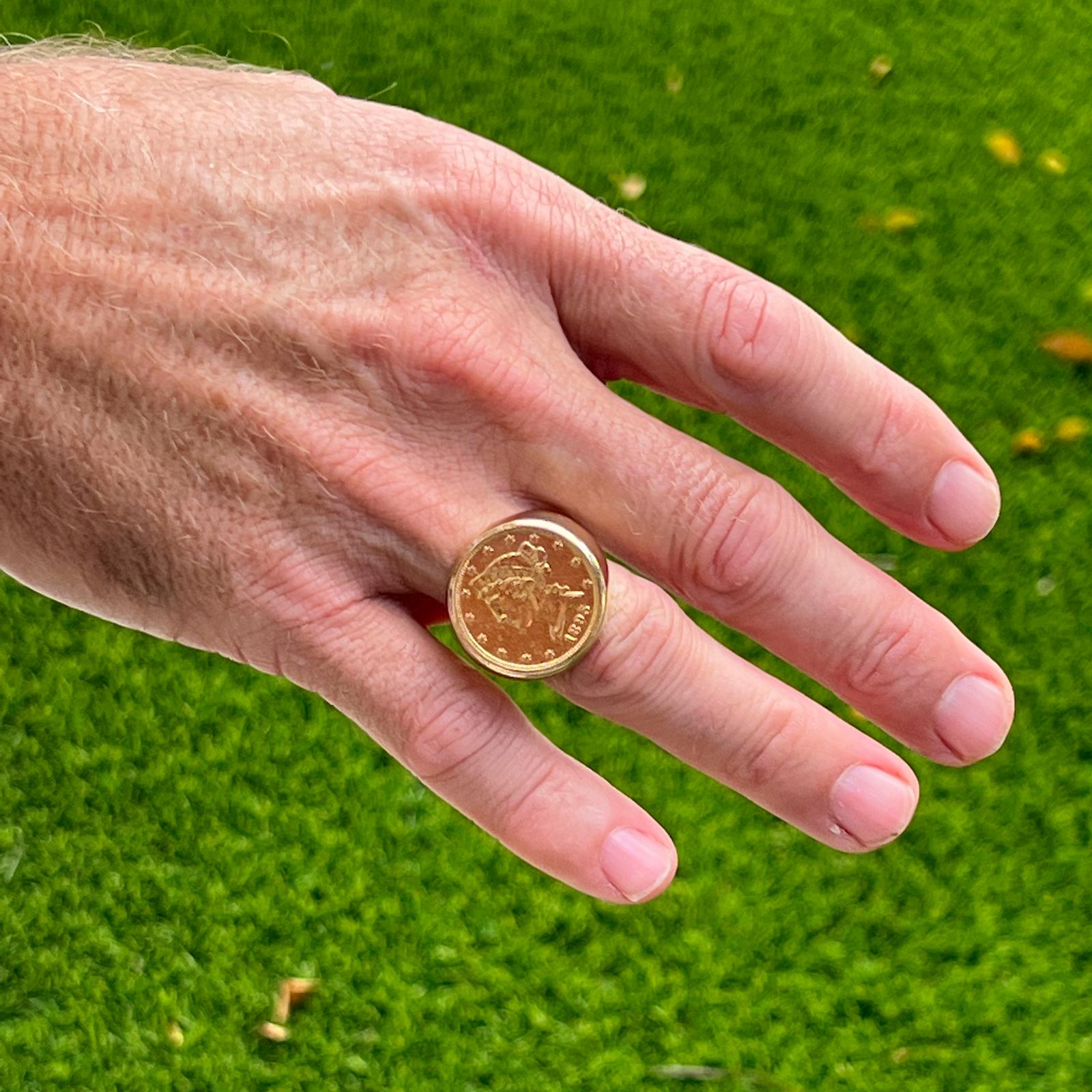 Modern Men's US $5 Gold Coin Ring 14 Karat Yellow Gold Signet Style Vintage Ring