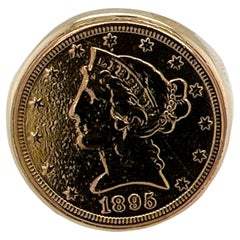 Men's US $5 Gold Coin Ring 14 Karat Yellow Gold Signet Style Vintage Ring