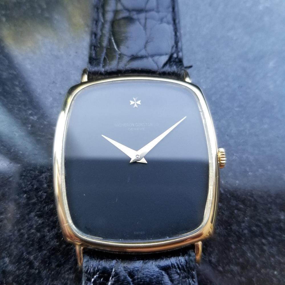 Timeless luxury, men's midsize 18K solid gold Vacheron & Constantin Geneve manual hand-wind dress watch, c.1970s. Verified authentic by a master watchmaker. Gorgeous, original Vacheron & Constantin black dial, non-hour marks, gold minute and hour