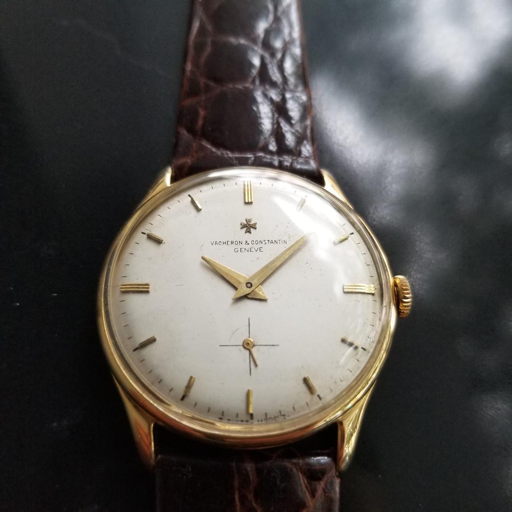 Timeless luxury, men's 18K solid gold Vacheron & Constantin hand-wind dress watch, circa 1960s. Verified authentic by a master watchmaker. Original, unrestored Vacheron & Constantin dial, applied indice hour markers, Vacheron symbol below the 12,