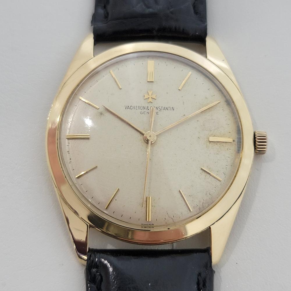 Timeless luxury, Men's 18k solid gold Vacheron & Constantin Geneve manual wind dress watch, c.1950s. Verified authentic by a master watchmaker. Gorgeous, original unrestored Vacheron & Constantin signed dial, applied indice hour markers, gilt minute