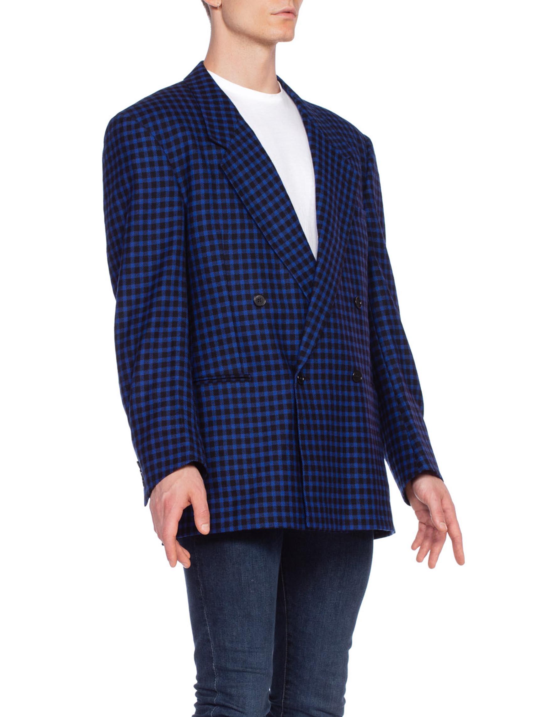 1990'S GIANNI VERSACE Black & Cobalt Blue Wool Cashmere Plaid Check DB Blazer S For Sale 6