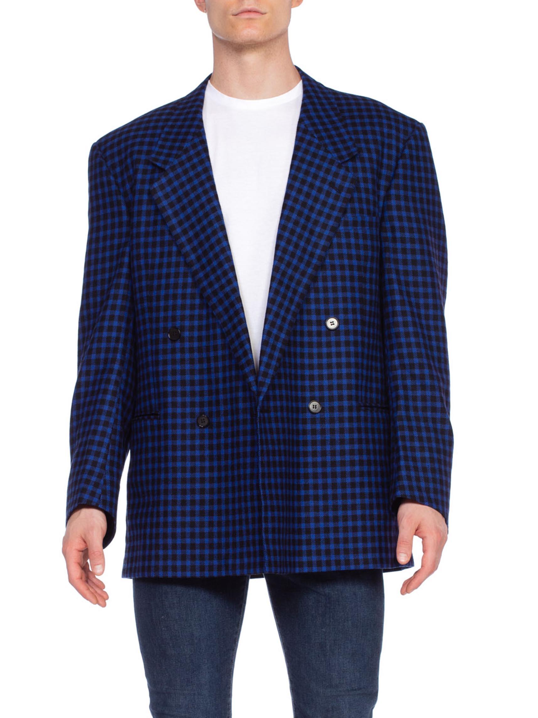 European size 52R 1990'S GIANNI VERSACE Black & Cobalt Blue Wool Cashmere Plaid Check DB Blazer Size 42