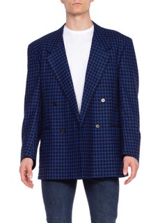 1990'S GIANNI VERSACE Black & Cobalt Blue Wool Cashmere Plaid Check DB Blazer S