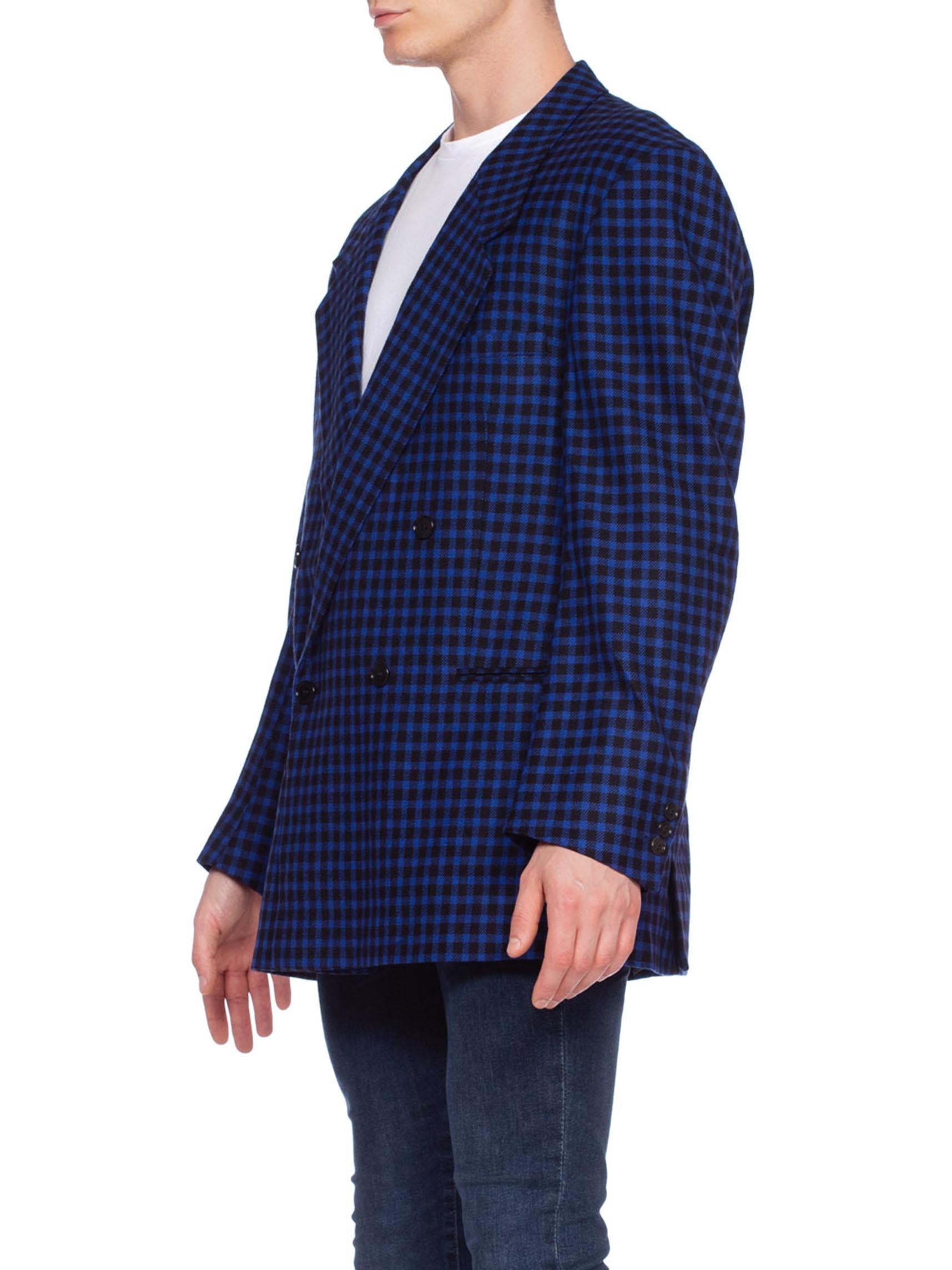 1990'S GIANNI VERSACE Black & Cobalt Blue Wool Cashmere Plaid Check DB Blazer S For Sale 2