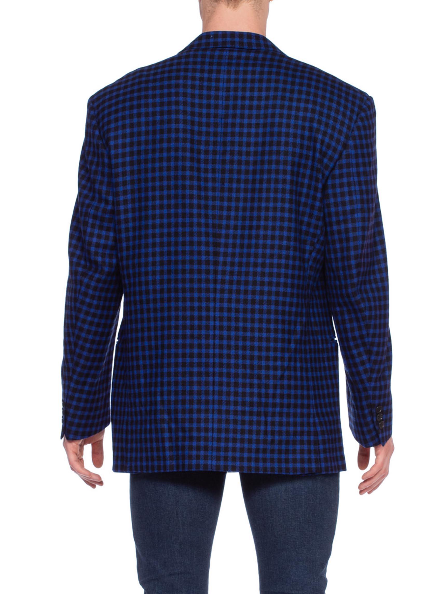 1990'S GIANNI VERSACE Black & Cobalt Blue Wool Cashmere Plaid Check DB Blazer S For Sale 5