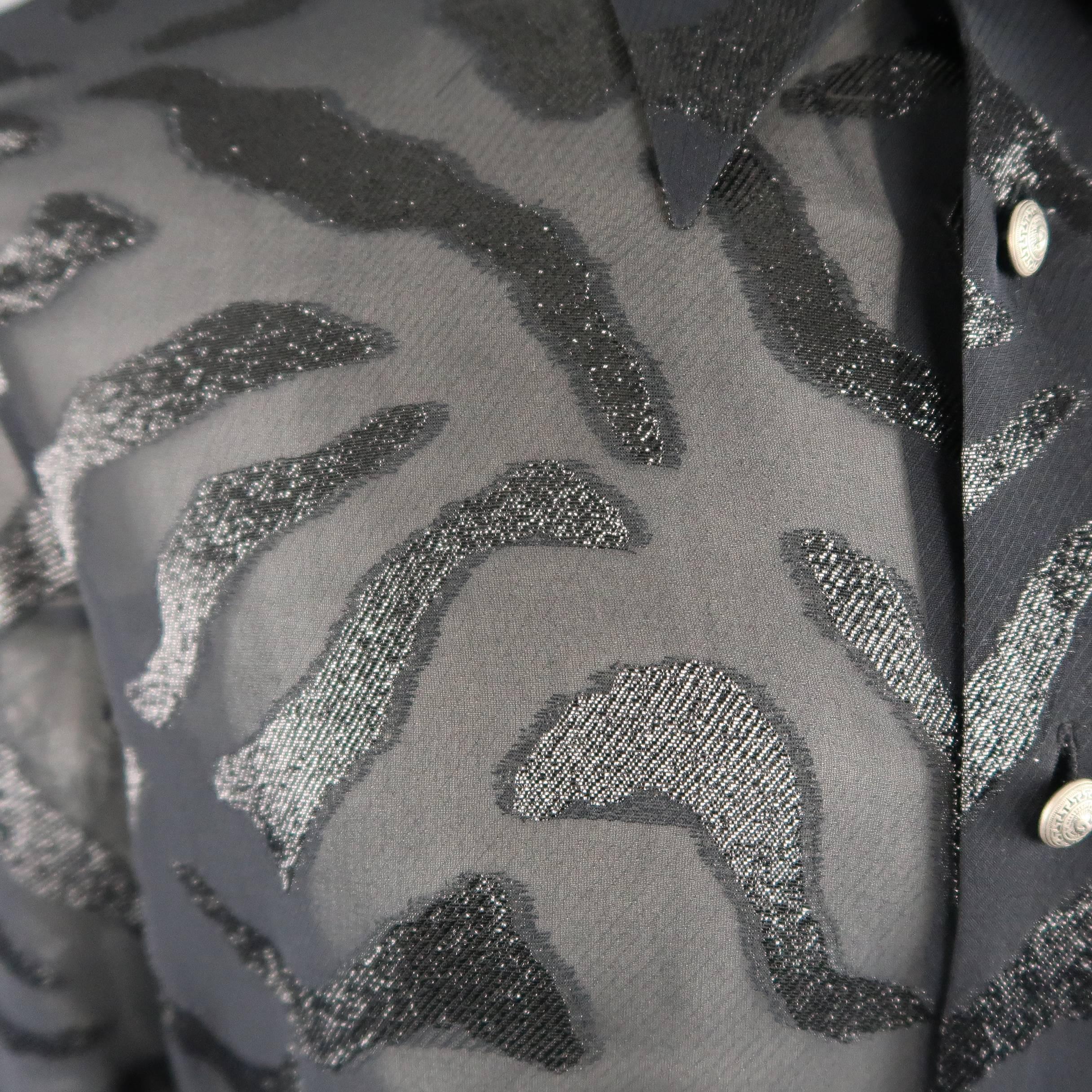 Men's VERSUS by GIANNI VERSACE Size S Black Tiger Print Silk Blend Burnout Shirt 1