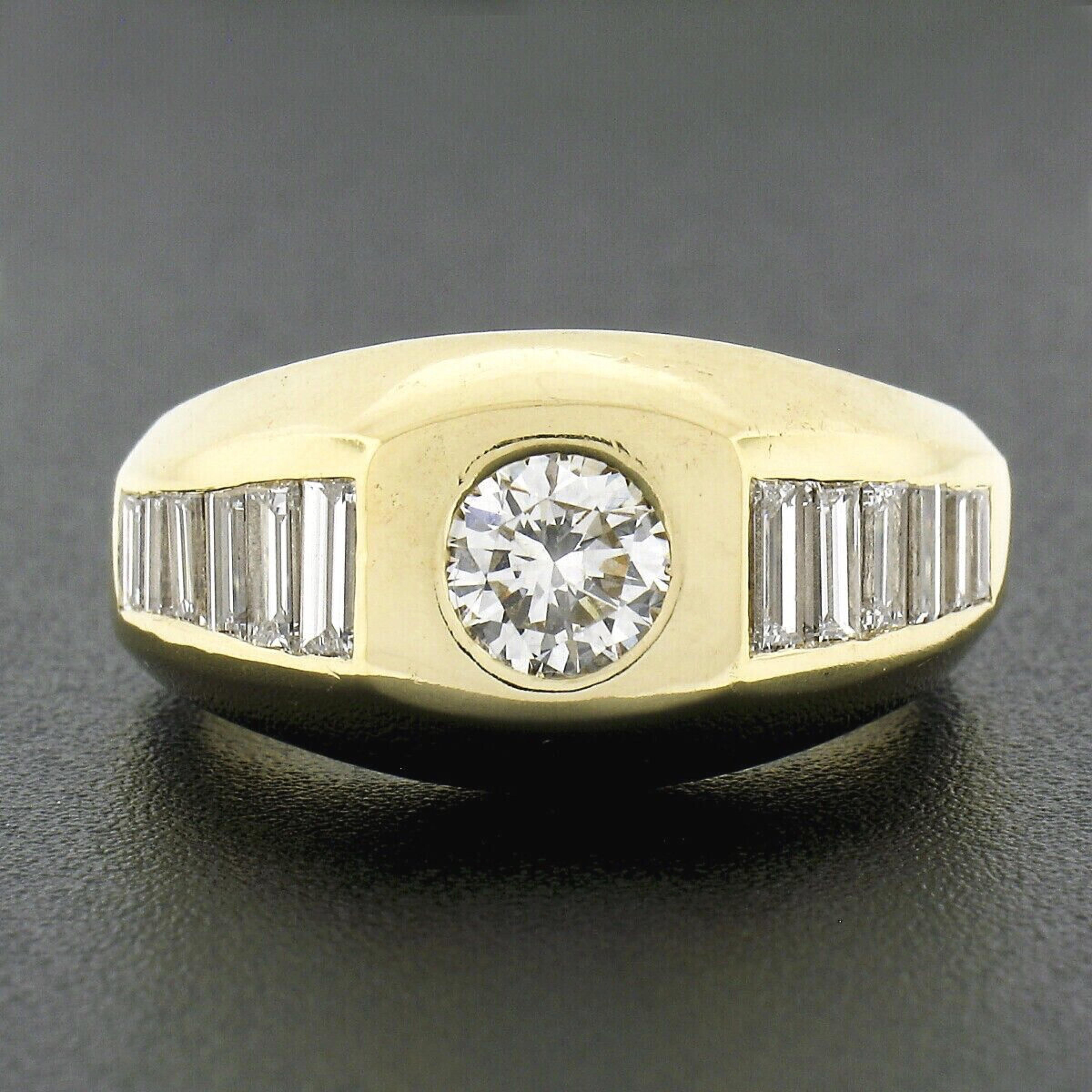 This breathtaking vintage men's band ring was crafted from solid 18k yellow gold and features a round brilliant cut diamond solitaire neatly set at its center. This fine quality diamond displays an attractive size, weighing approximately 0.75