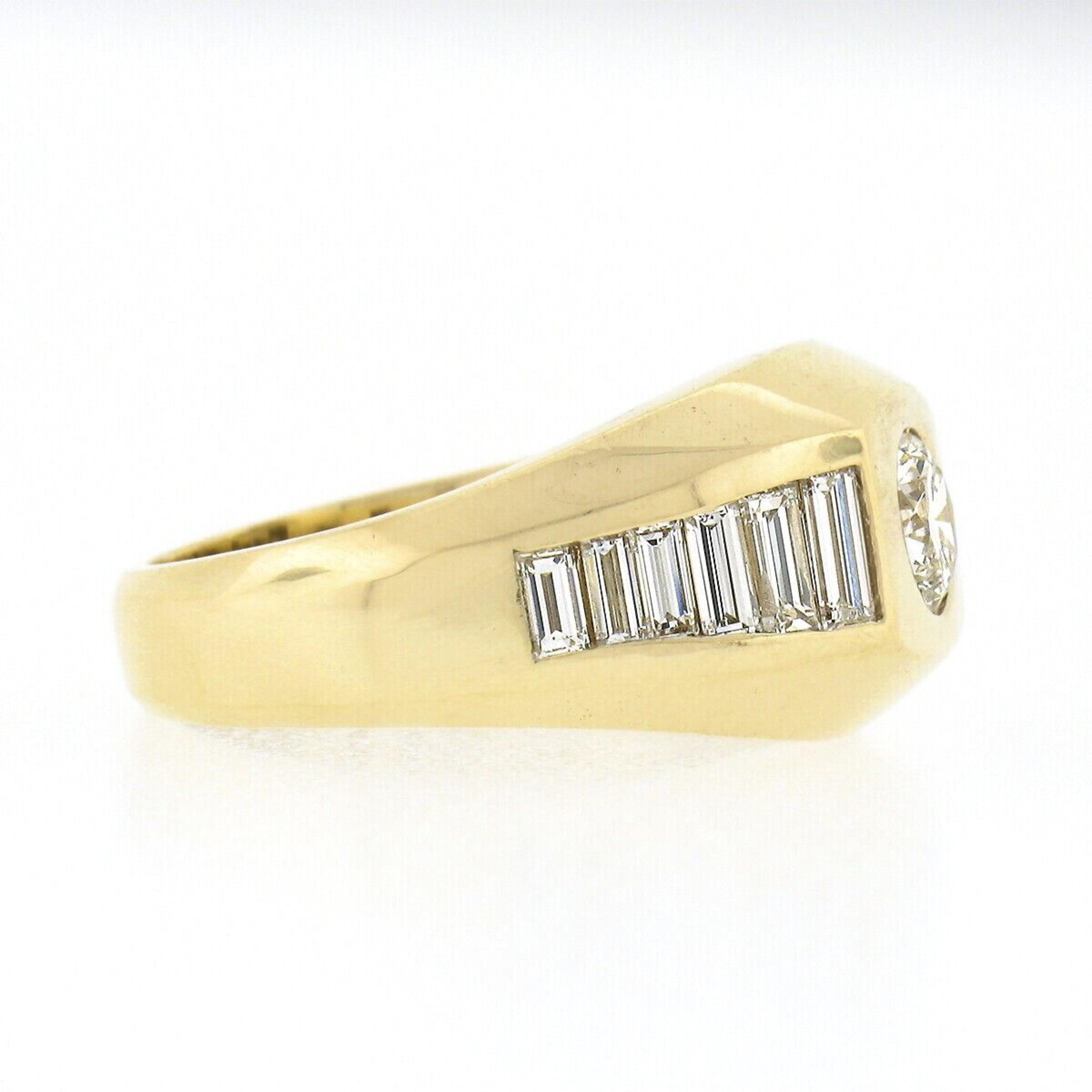 Retro Mens Vintage 18k Gold 1.83ct Round Diamond Solitaire w/ Baguette Sides Band Ring