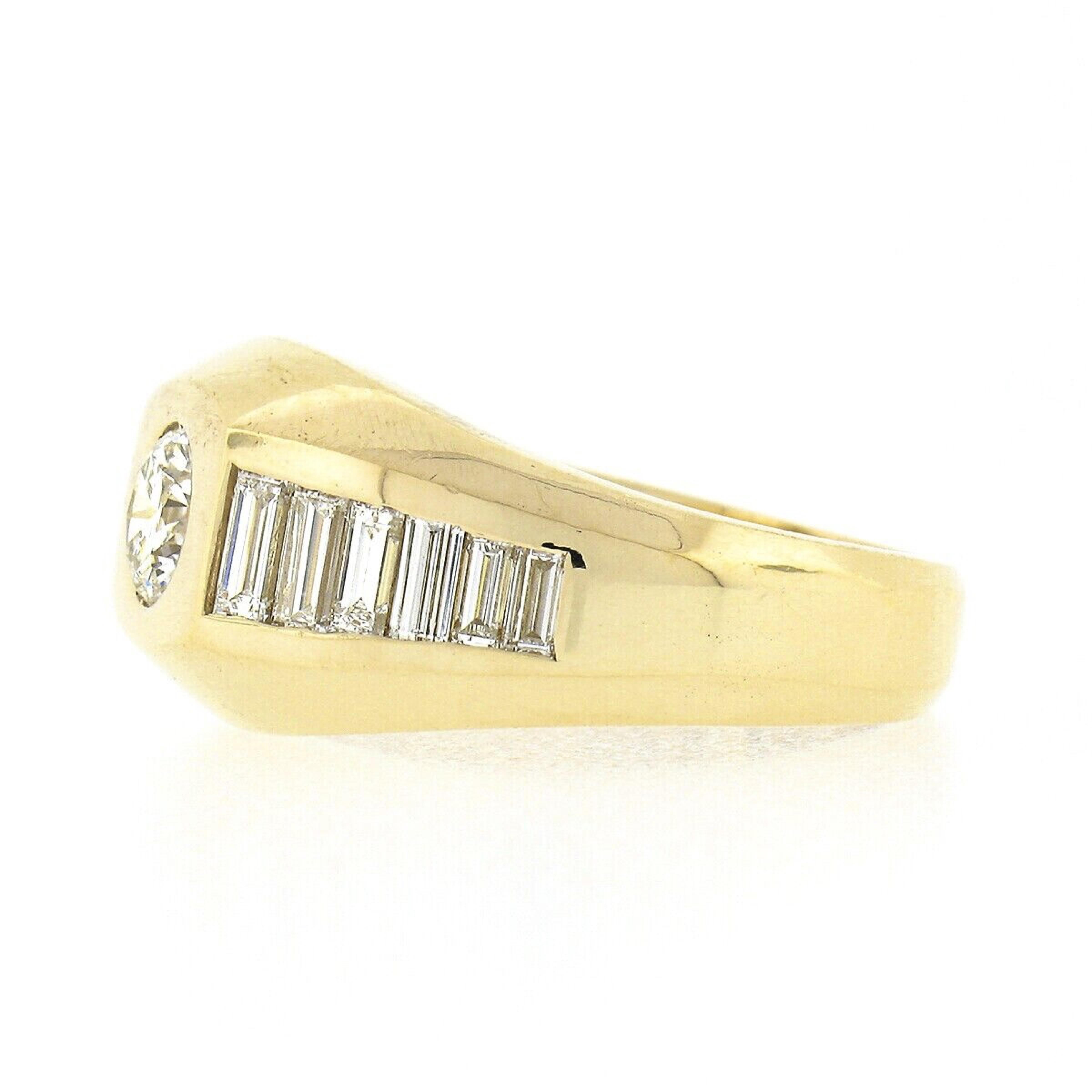 Round Cut Mens Vintage 18k Gold 1.83ct Round Diamond Solitaire w/ Baguette Sides Band Ring