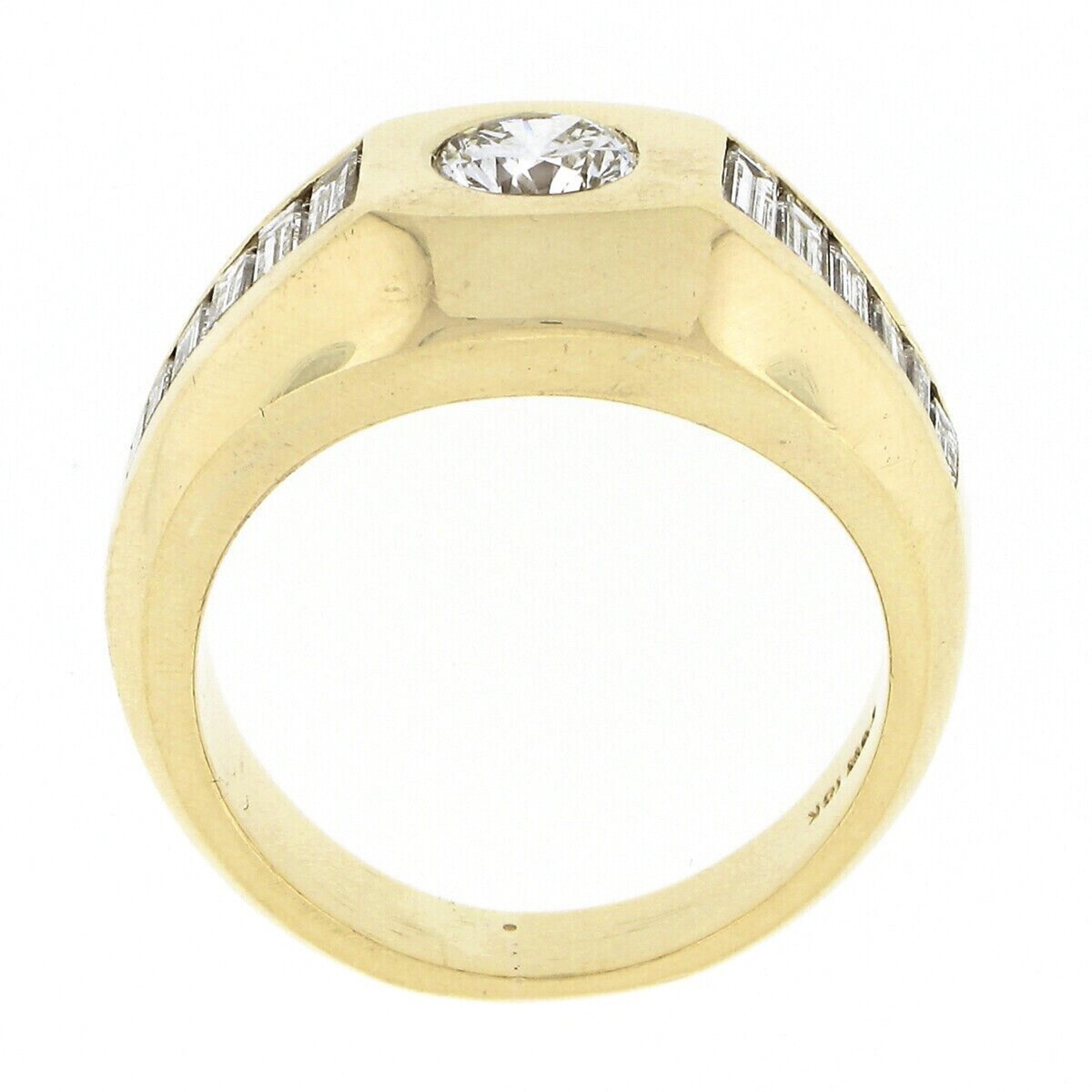 Women's or Men's Mens Vintage 18k Gold 1.83ct Round Diamond Solitaire w/ Baguette Sides Band Ring