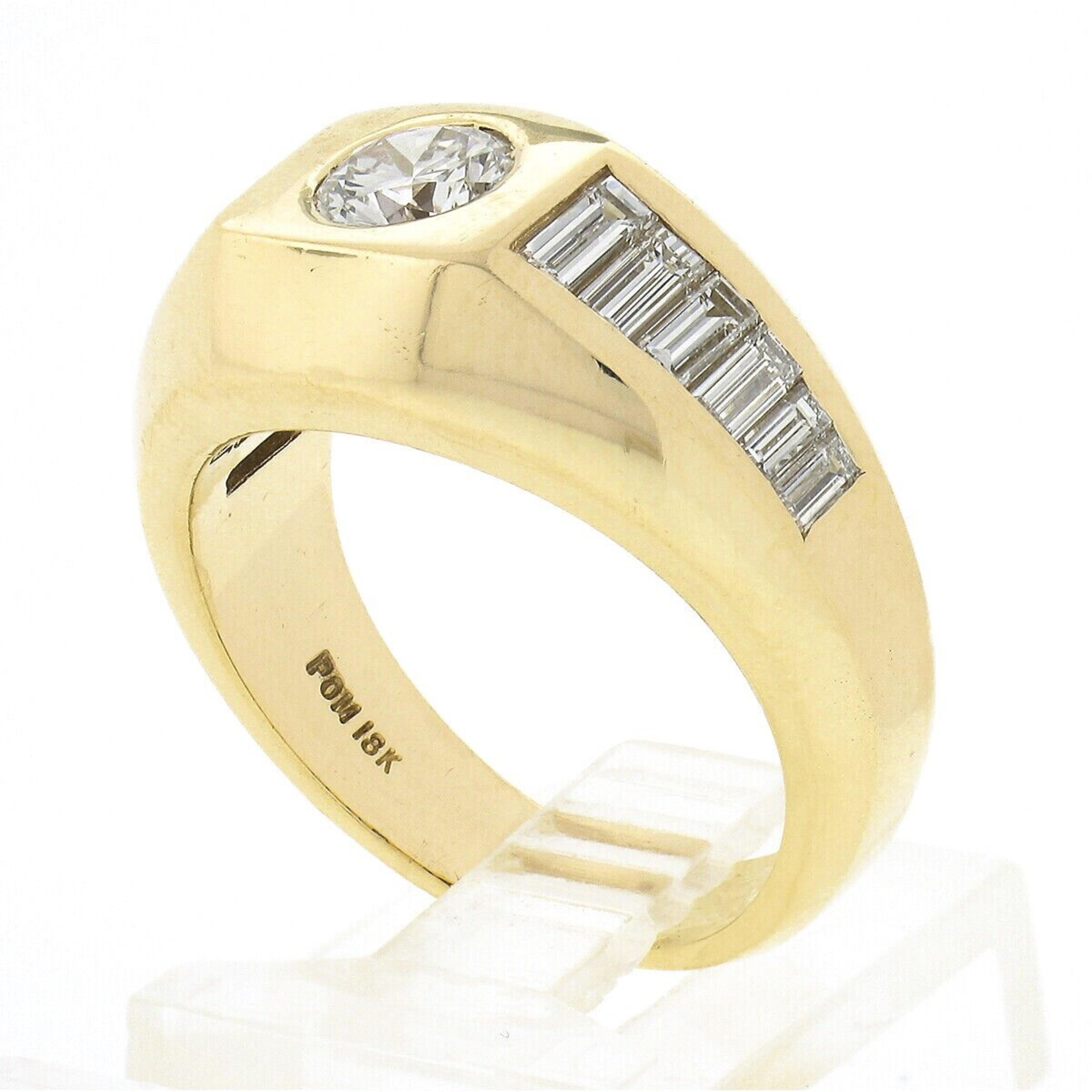 Mens Vintage 18k Gold 1.83ct Round Diamond Solitaire w/ Baguette Sides Band Ring 1