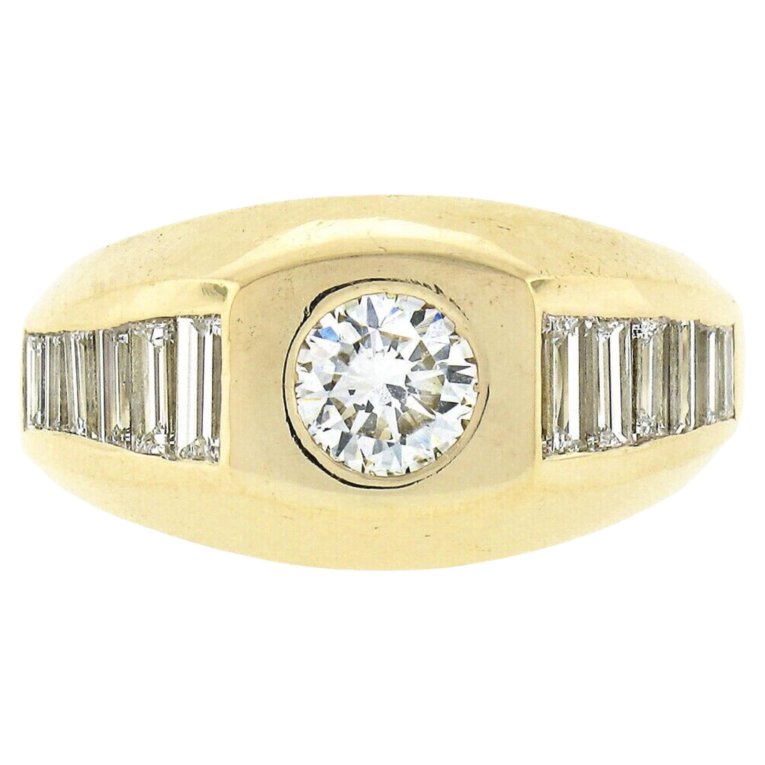 Mens Vintage 18k Gold 1.83ct Round Diamond Solitaire w/ Baguette Sides Band Ring