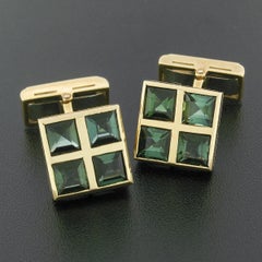 Men's Vintage 18k Gold 5.00ctw Square Step Cut Green Tourmaline Grid Cuff Links