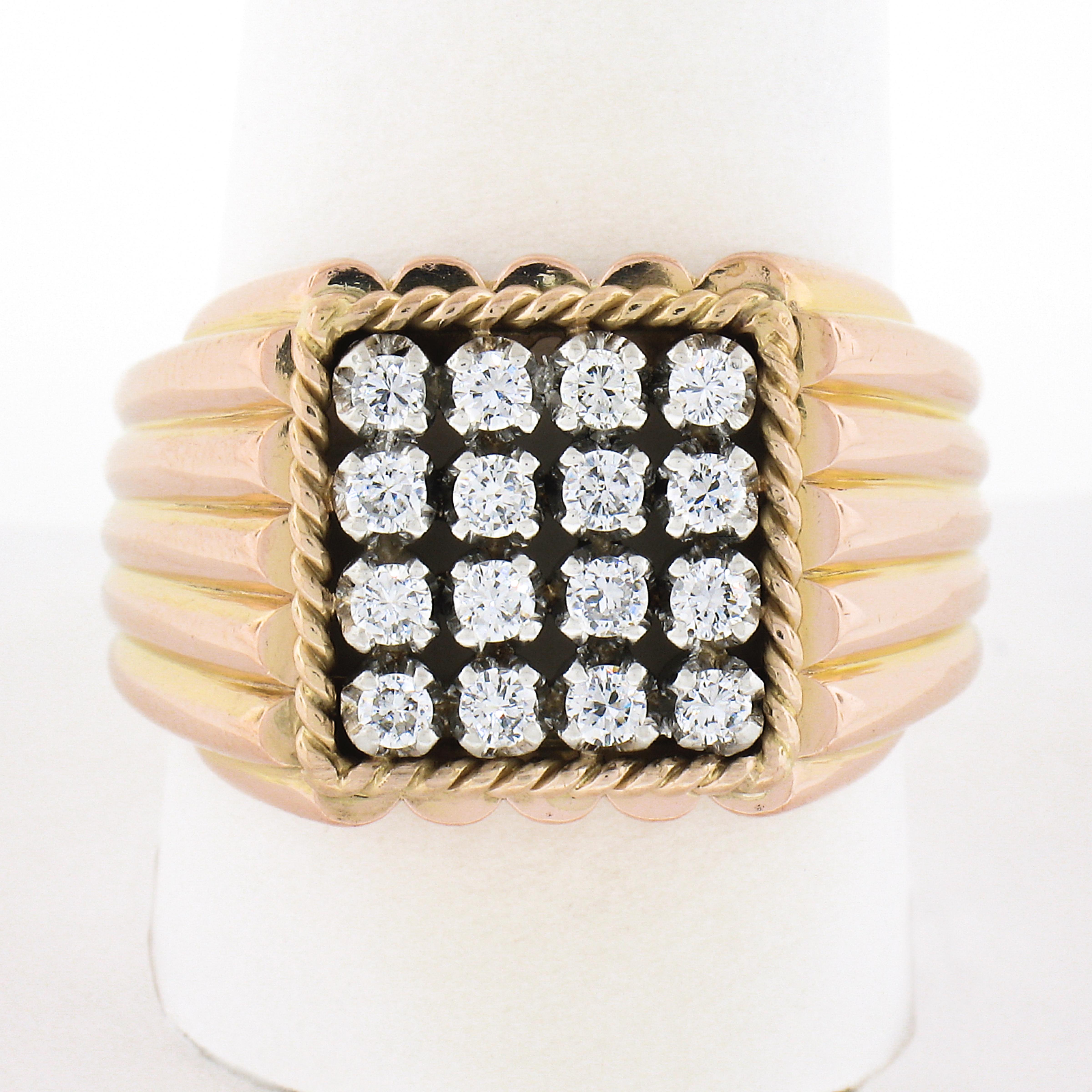 This outstanding and very well made men's vintage ring is crafted in solid 18k gold and features a wide squared shaped top drenched with 16 very fine quality diamonds throughout. The diamonds are round brilliant cut and individually prong set in