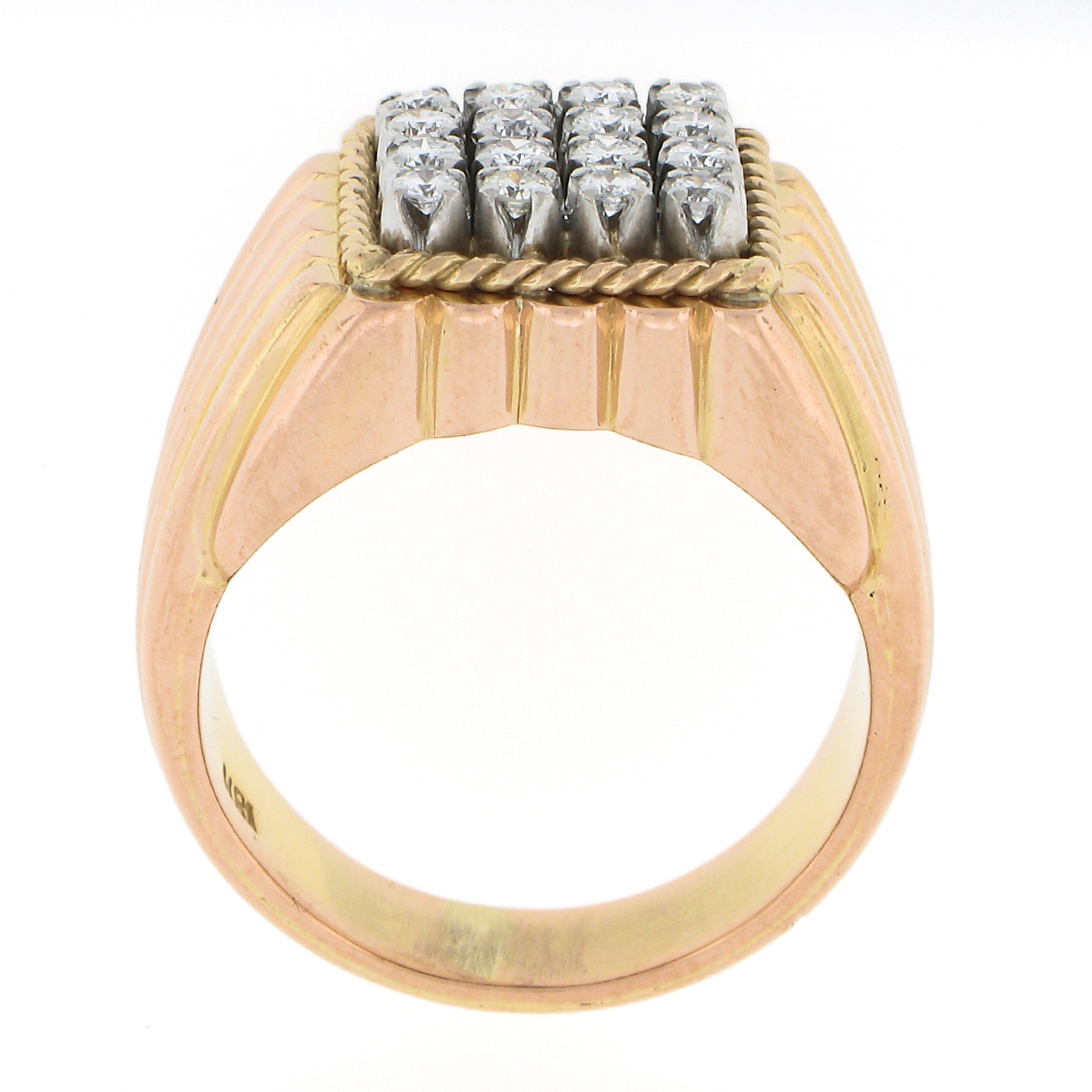 Men's Vintage 18K Gold Platinum 0.50ctw Round Diamond Grooved Wide Band Ring In Good Condition For Sale In Montclair, NJ