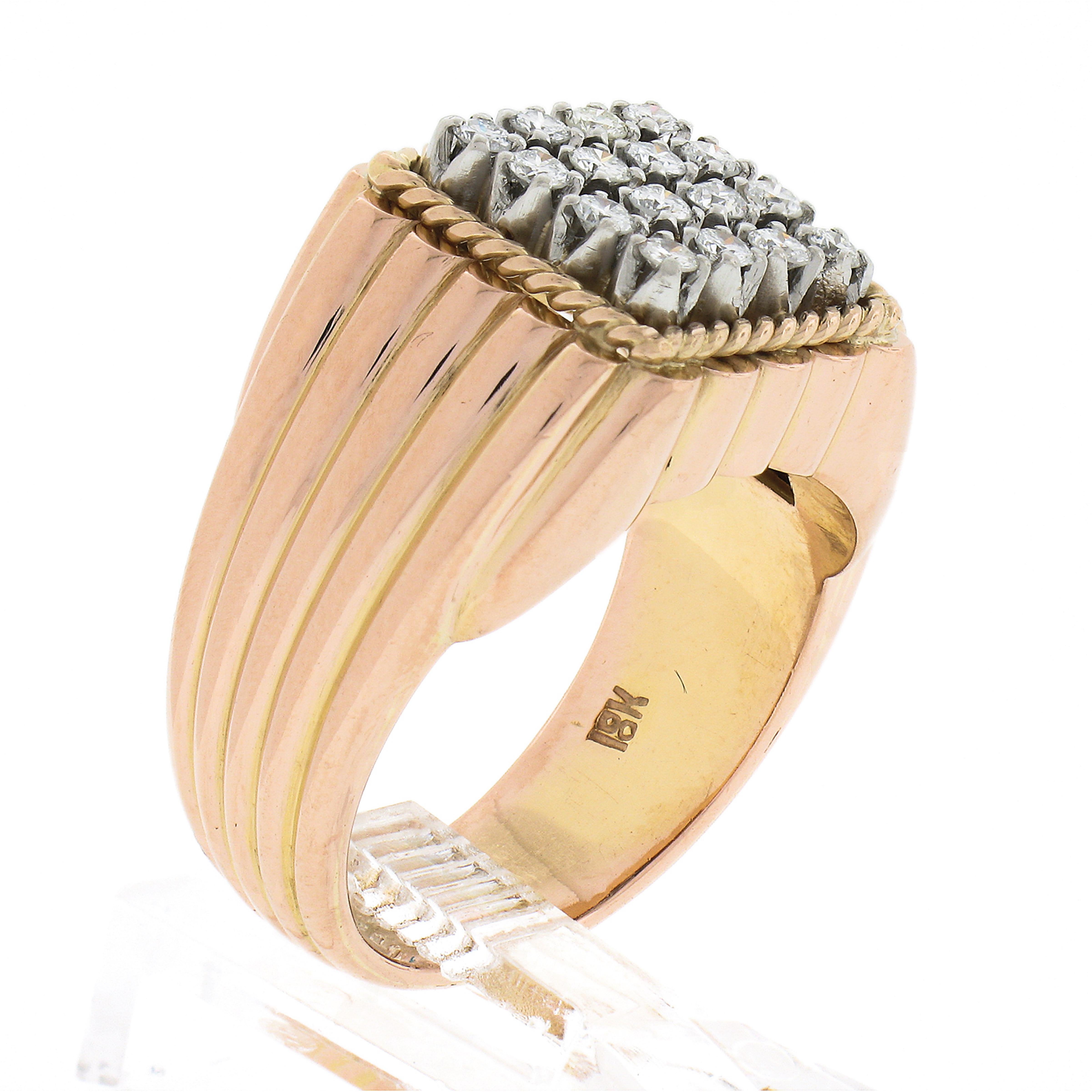 Men's Vintage 18K Gold Platinum 0.50ctw Round Diamond Grooved Wide Band Ring For Sale 1