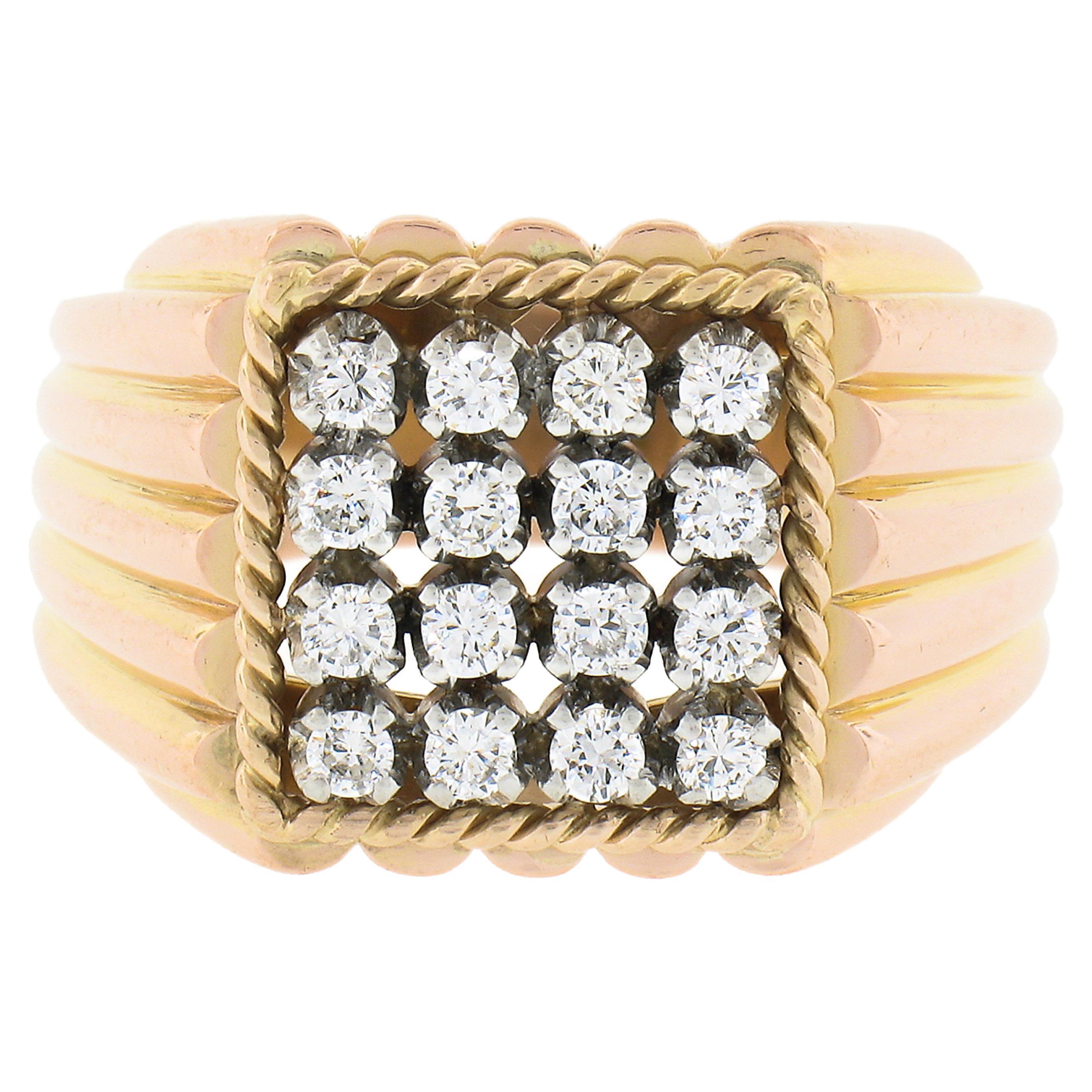 Men's Vintage 18K Gold Platinum 0.50ctw Round Diamond Grooved Wide Band Ring For Sale