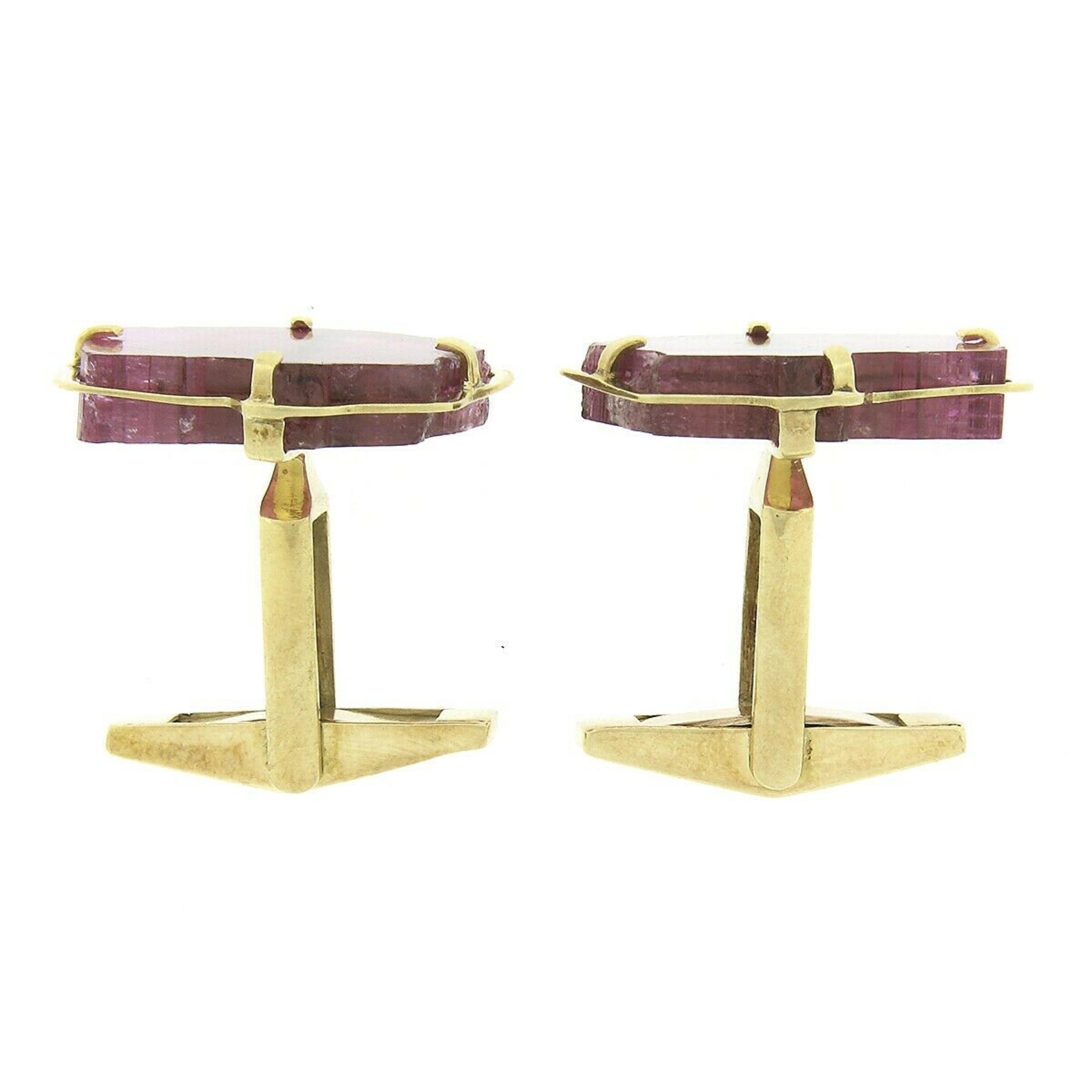 Men's Vintage 18k Gold Unique Portrait Cut Pink Tourmaline Swivel Cuff Links For Sale 3