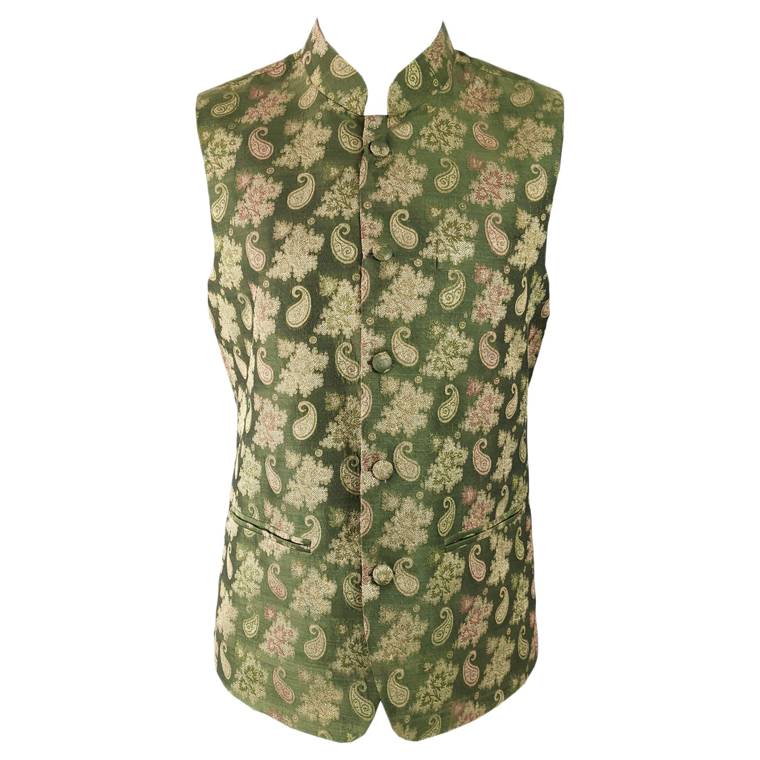 Mens Vintage 1970s Paisley Brocade Sleeveless Hippie Nehru Jacket Vest