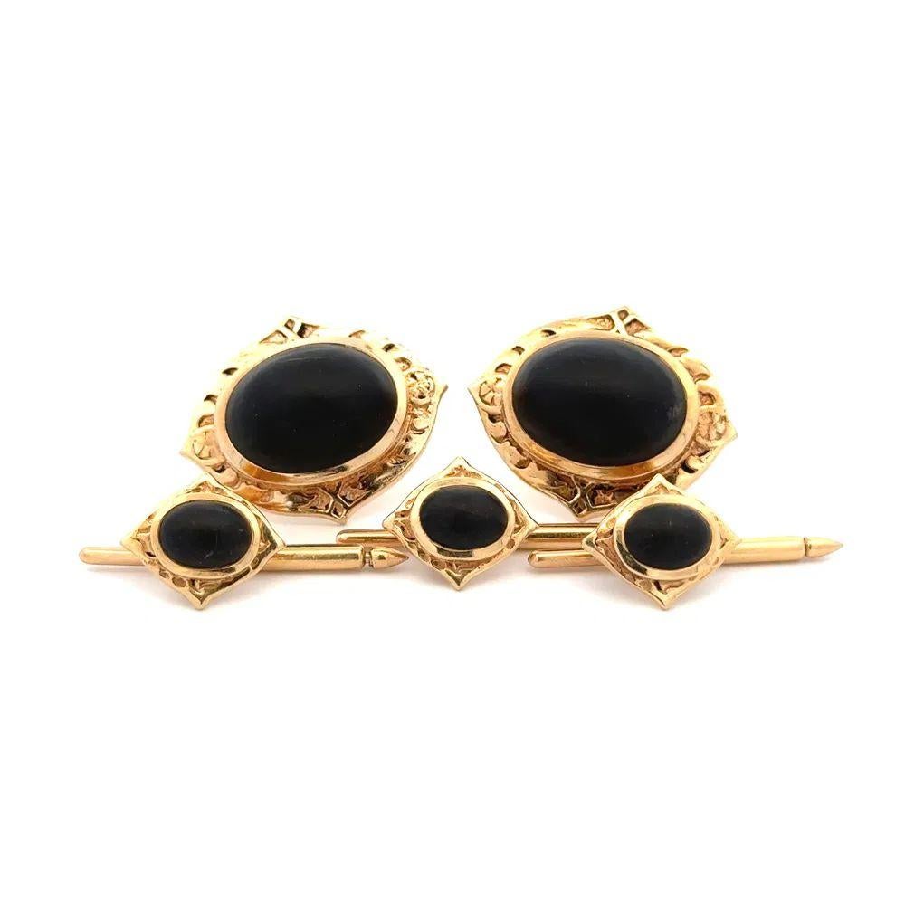 Awesome Hand crafted Finely detailed 14K Yellow Gold Pair of Ebony Cufflinks and 3 Studs Set. All 5 pieces are Hand set with Ebony Gemstones. For that Special Man in your life, including You!