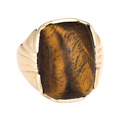 Bague Homme Vintage 70s Oeil de Tigre Or Jaune 10k Fine Jewelry