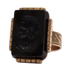 Men's Vintage 9K Gold Carved Black Onyx Warrior Intaglio Statement Ring