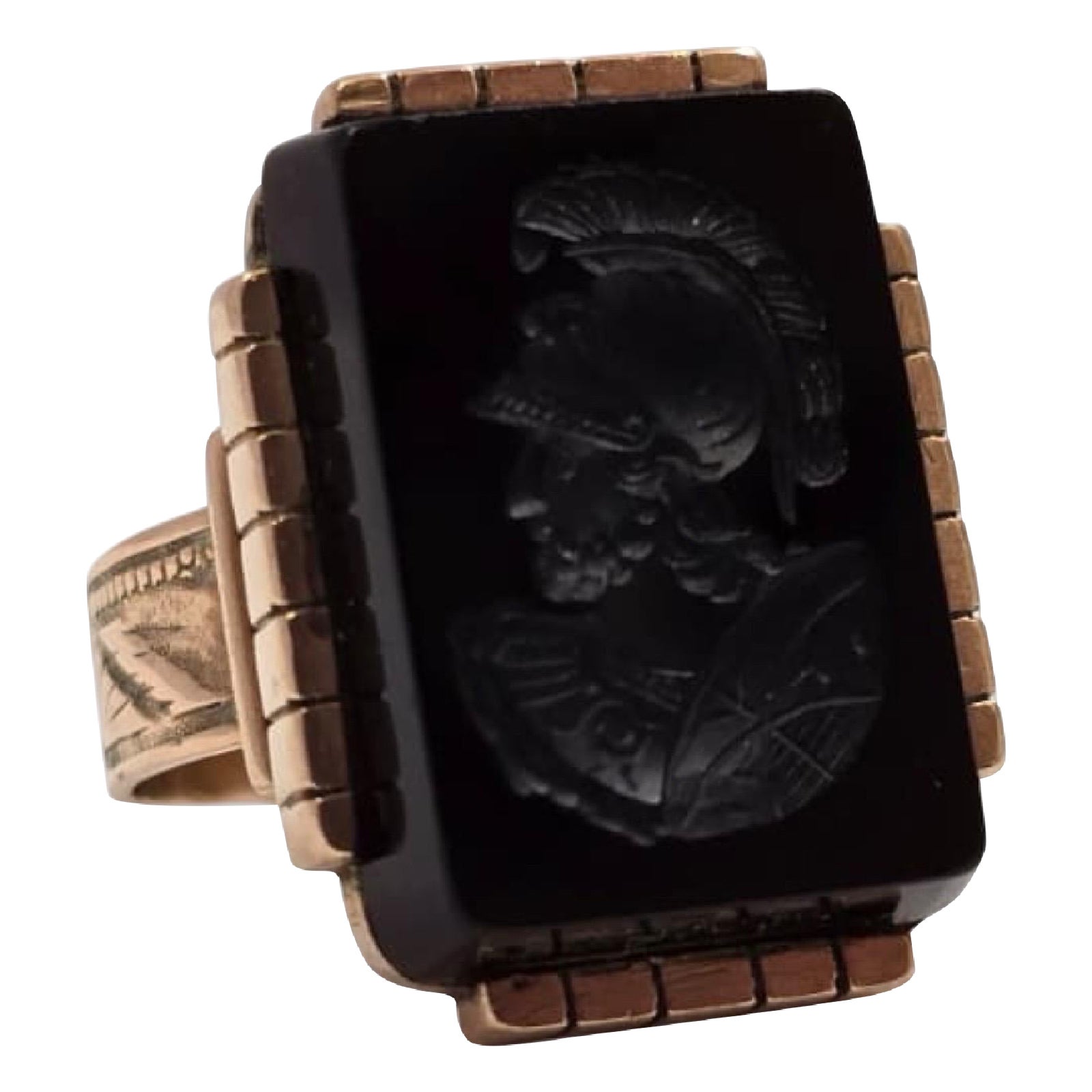 Men
s Vintage 9K Gold Carved Black Onyx Warrior Intaglio Statement Ring