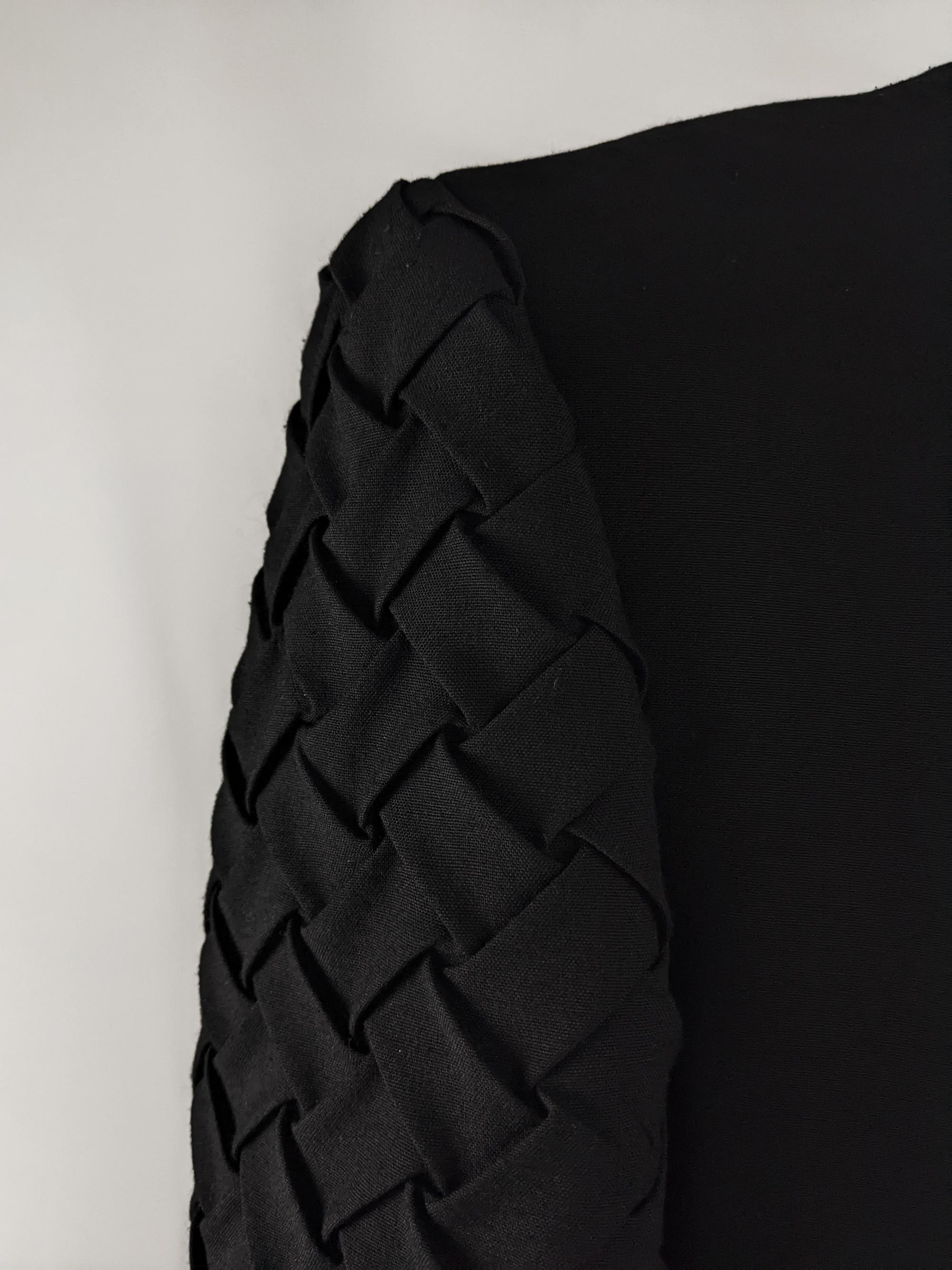 Black Mens Vintage Avant Garde Wide Shoulder Pads Woven Sleeves Blazer Jacket, 1980s