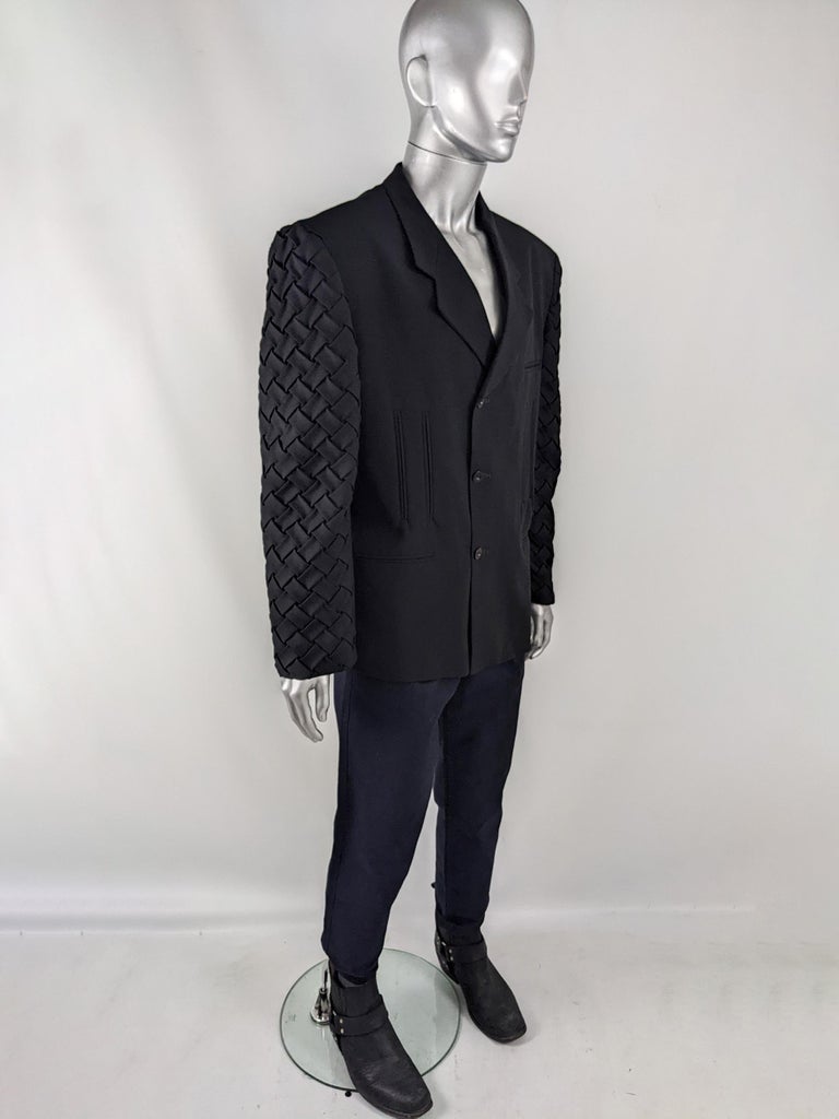 Mens Vintage Avant Garde Wide Shoulder Pads Woven Sleeves Blazer Jacket