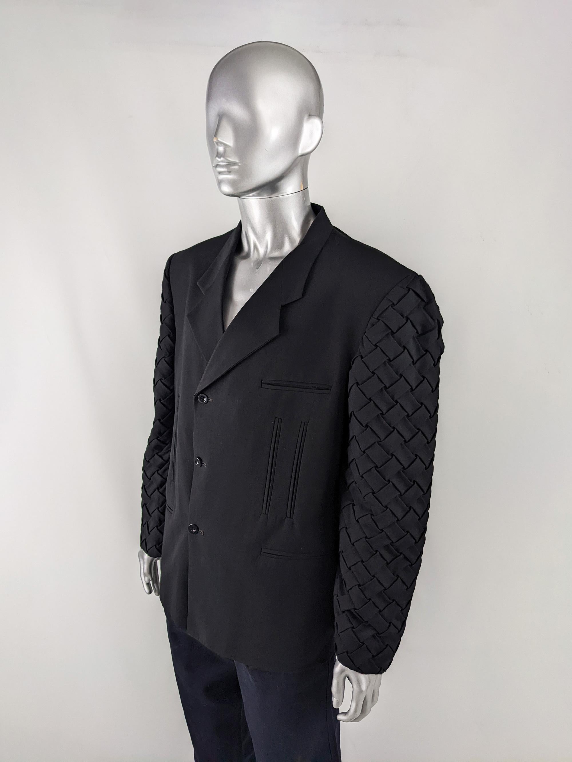 Mens Vintage Avant Garde Wide Shoulder Pads Woven Sleeves Blazer Jacket, 1980s 1