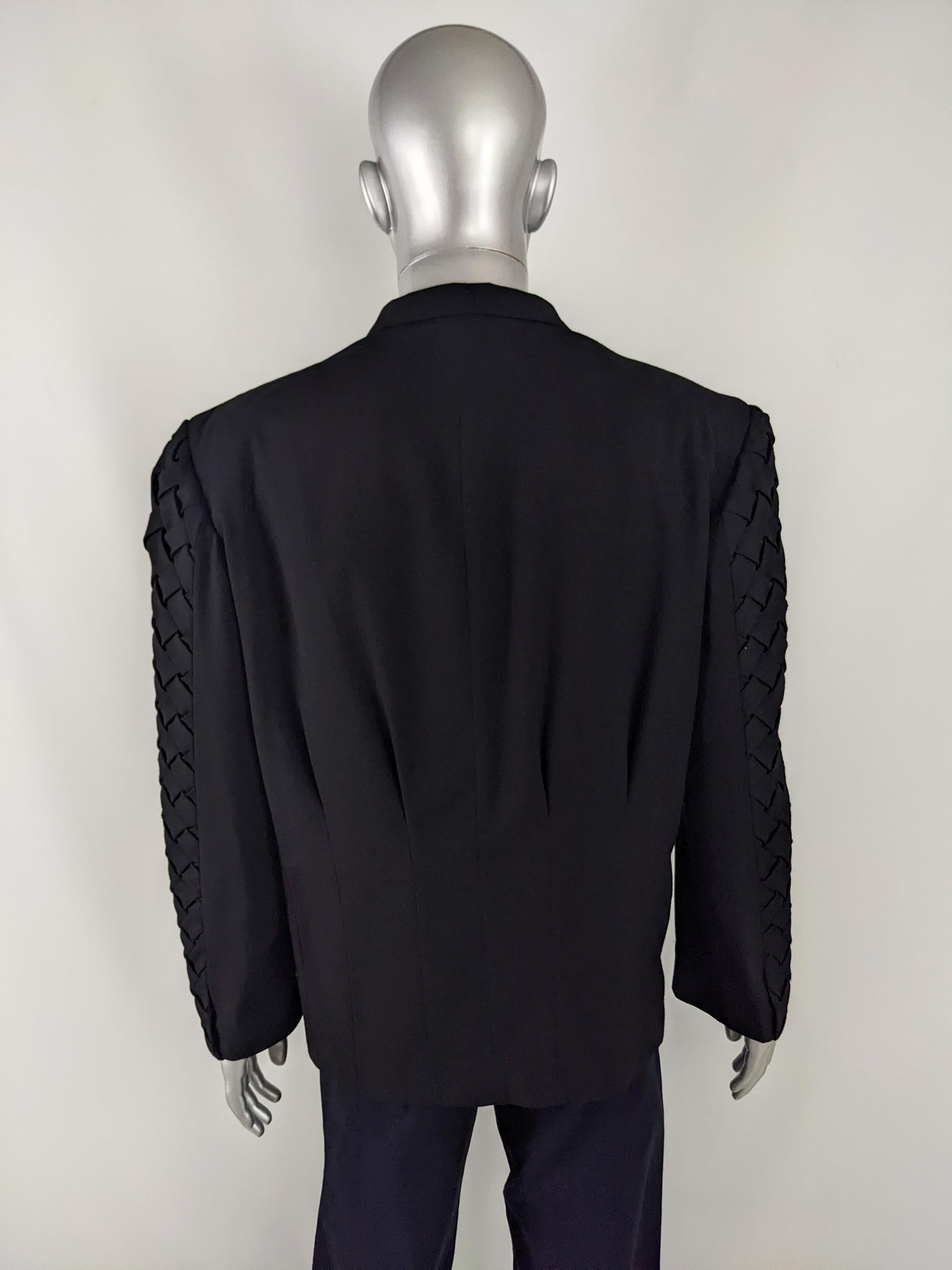 Mens Vintage Avant Garde Wide Shoulder Pads Woven Sleeves Blazer Jacket, 1980s 2