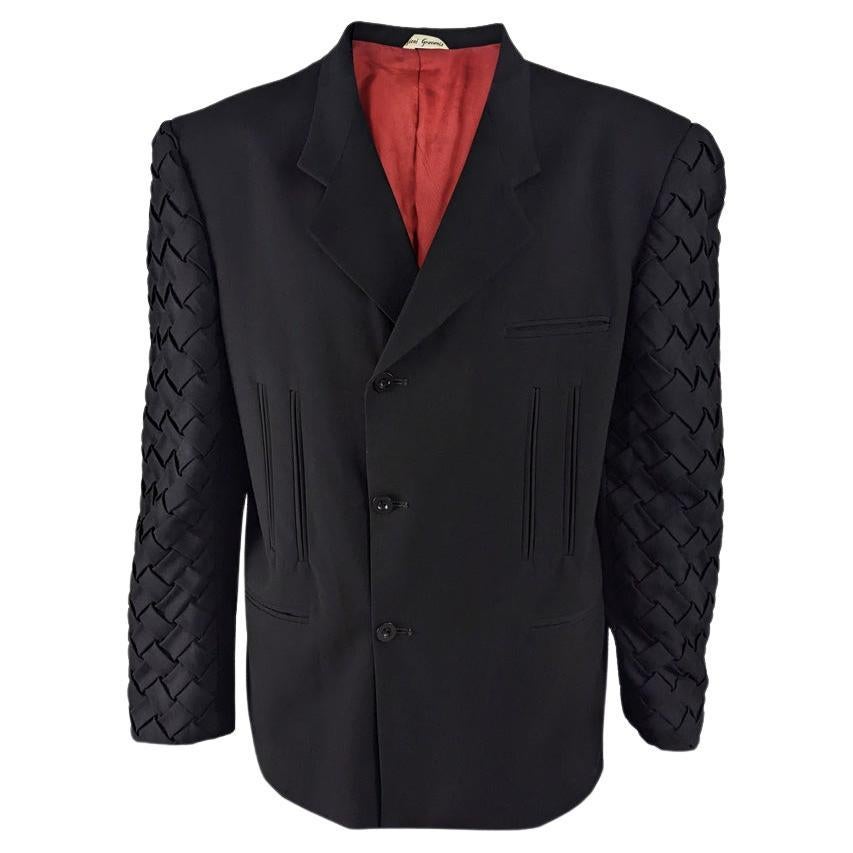 Mens Vintage Avant Garde Wide Shoulder Pads Woven Sleeves Blazer Jacket, 1980s