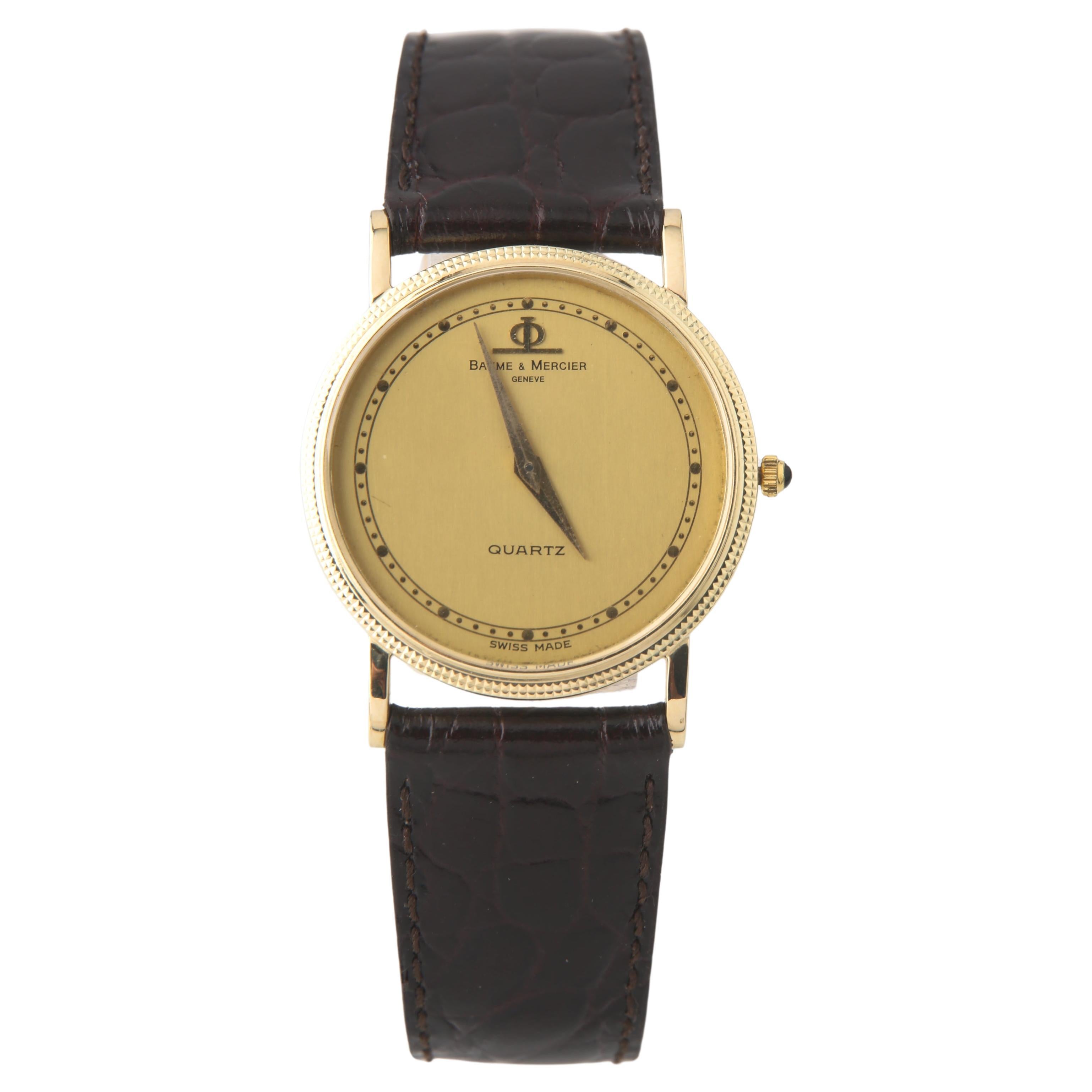 Men's Vintage Φ Baume & Mercier 14k Yellow Gold Quartz Watch Black Leather Band For Sale