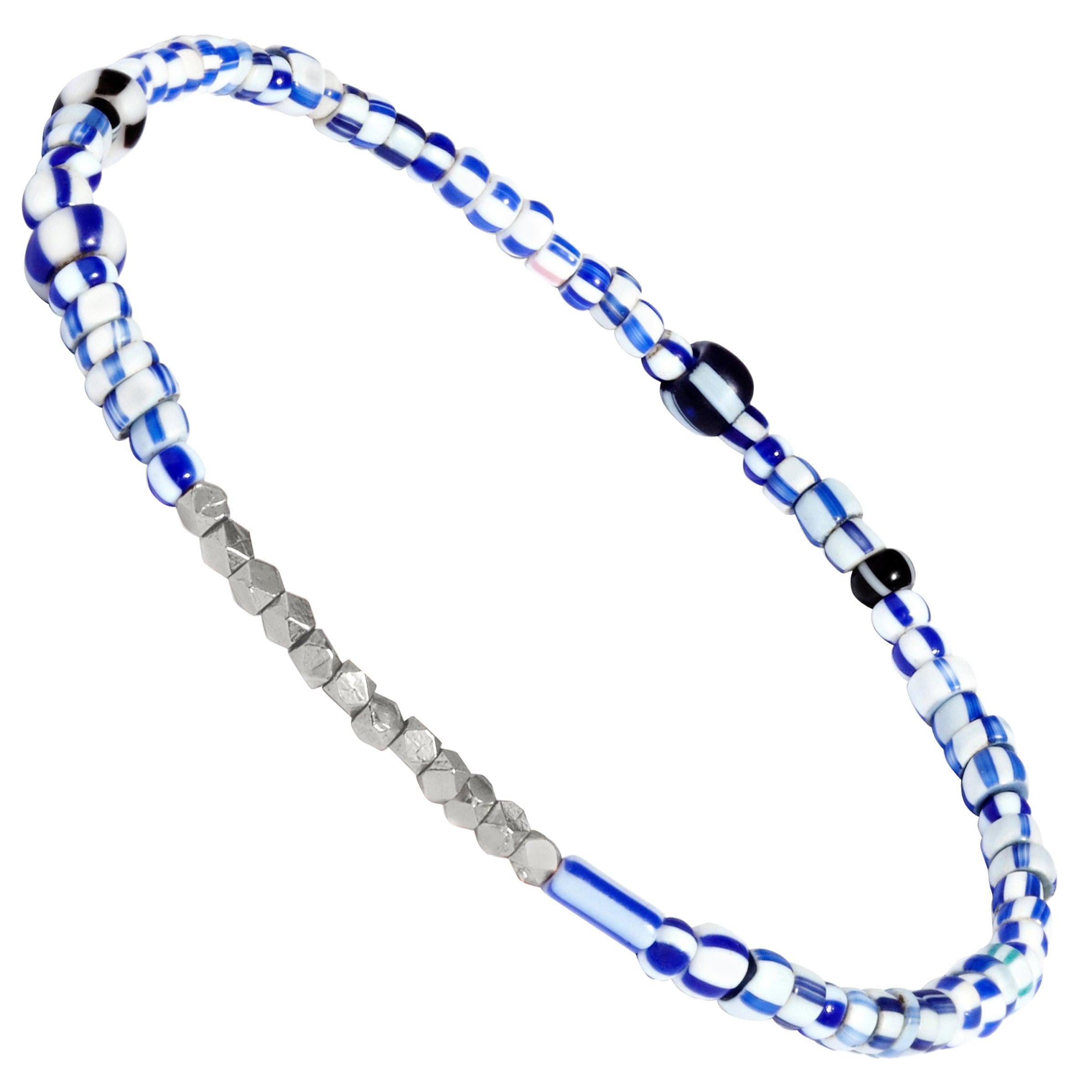 Men's Vintage Blue Mix Beaded Bracelet with White Gold by Allison Bryan