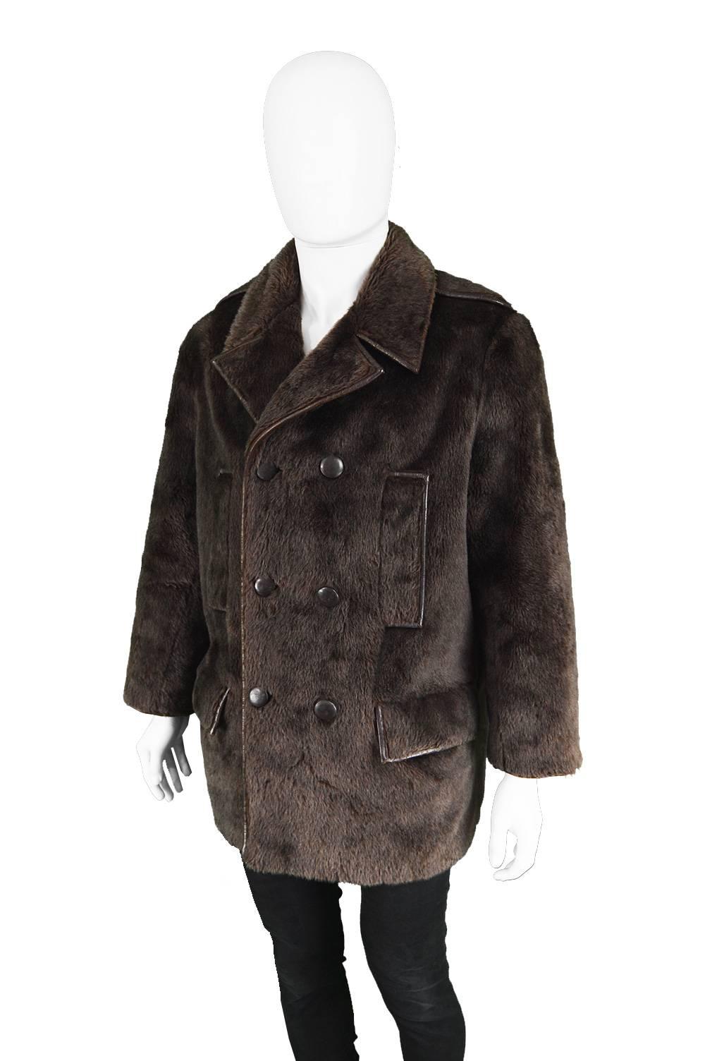 Men's Vintage Brown Faux Fur Coat with Double Breasted Buttons, 1970s For Sale 1