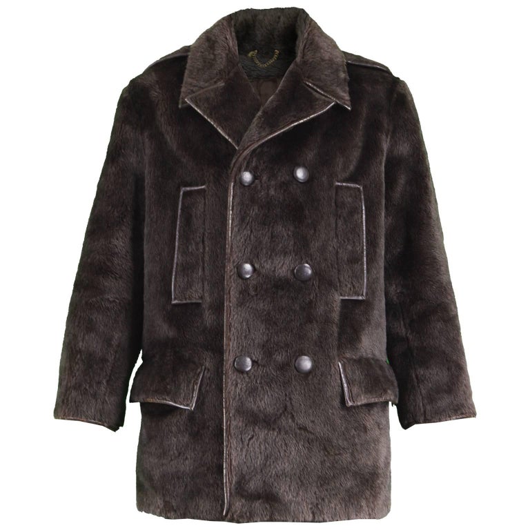 Men's Vintage Brown Faux Fur Coat with Double Breasted Buttons, 1970s ...