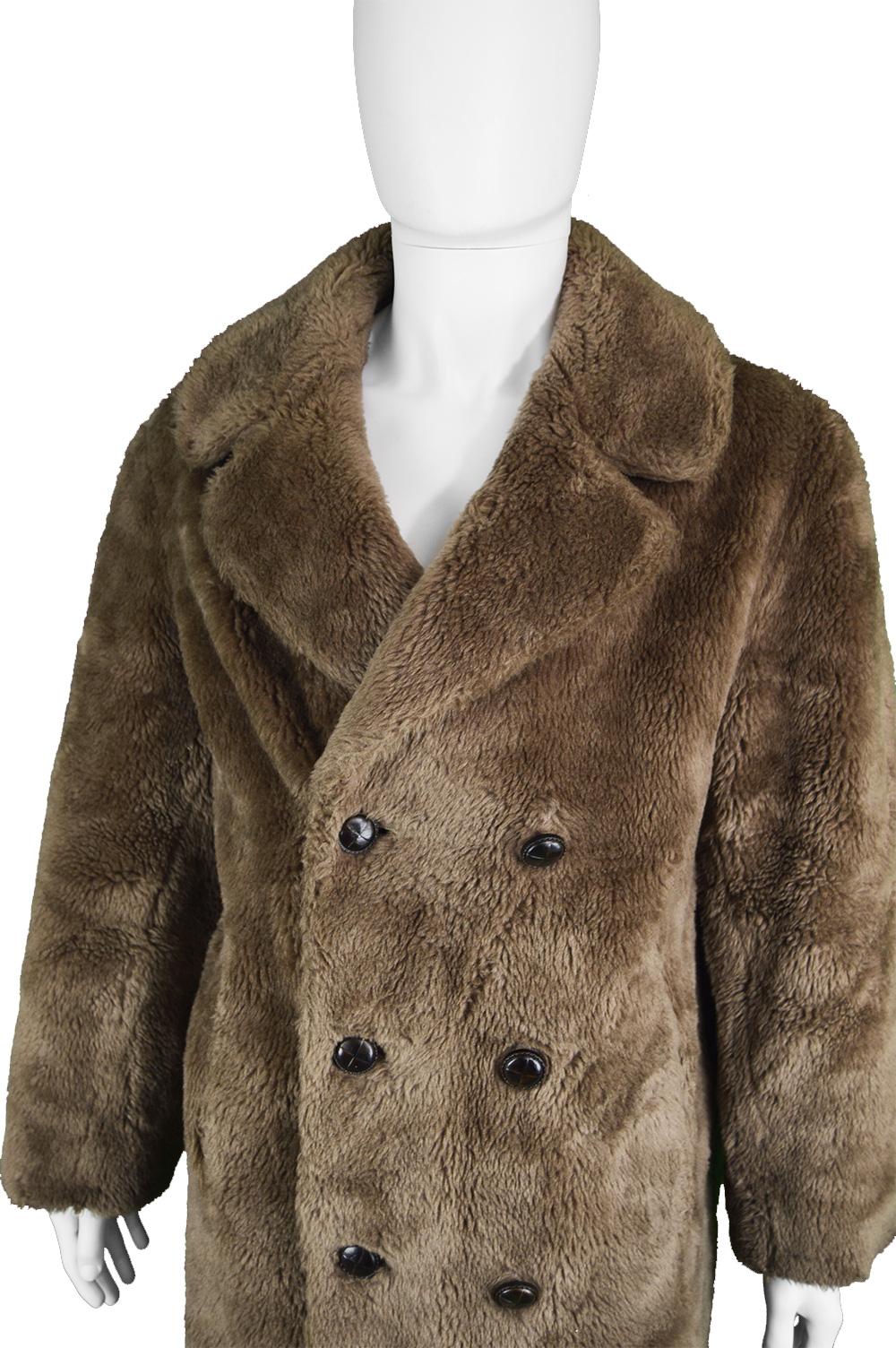 Men's Vintage Brown Faux Fur Coat with Double Breasted Buttons, 1970s (Braun) im Angebot