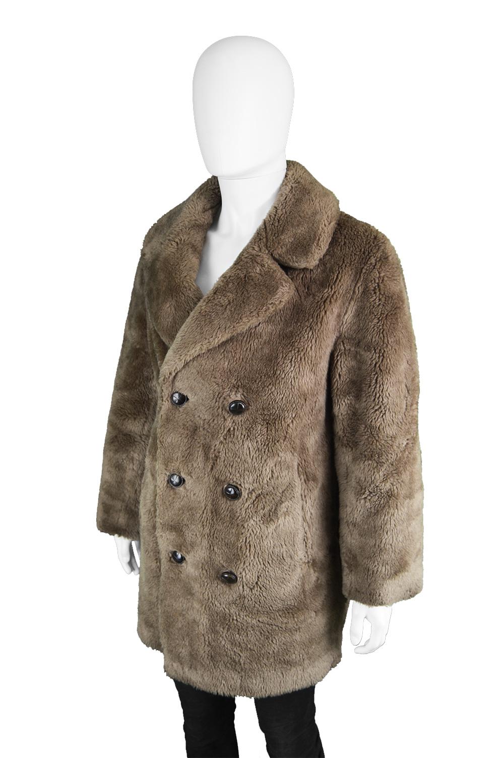 Men's Vintage Brown Faux Fur Coat with Double Breasted Buttons, 1970s In Excellent Condition In Doncaster, South Yorkshire