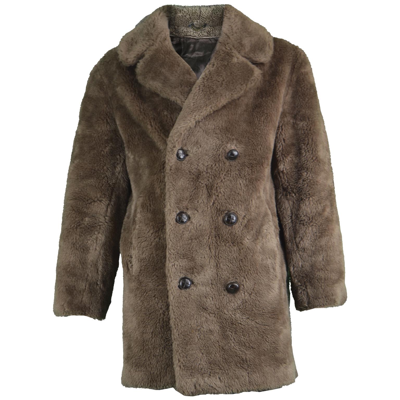 Men's Vintage Brown Faux Fur Coat with Double Breasted Buttons, 1970s