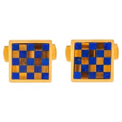 Men
s Vintage Bvlgari 18K Gold Blue Lapis Brown Tiger’s Eye Checkers Cufflinks