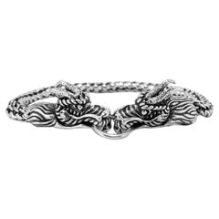 Men’s Vintage Double Dragon Head 925 Sterling Silver Wheat Link Bracelet