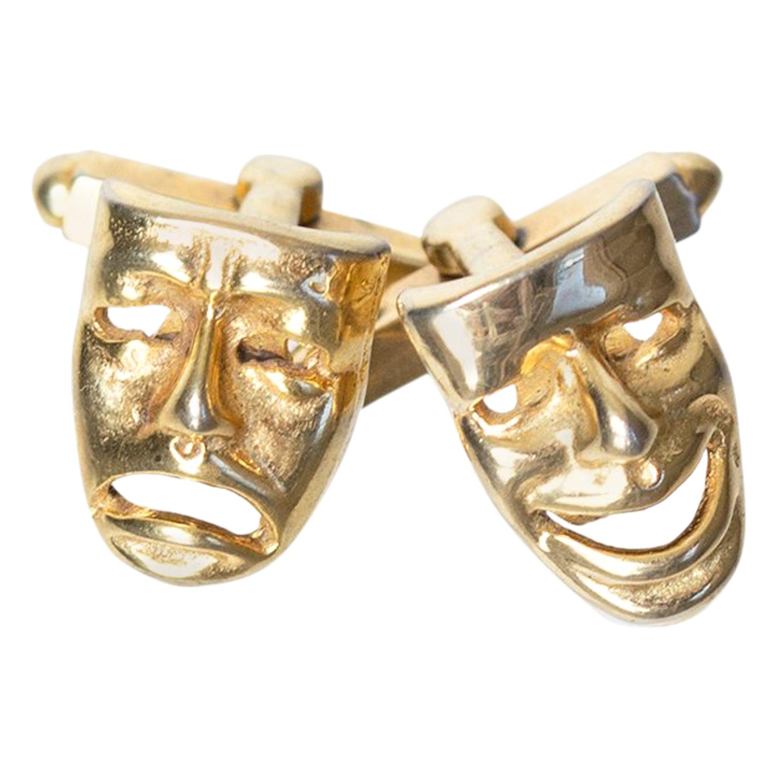 Men's Vintage Gold Comedy and Tragedy Theater Mask Cuff Links, 1960s